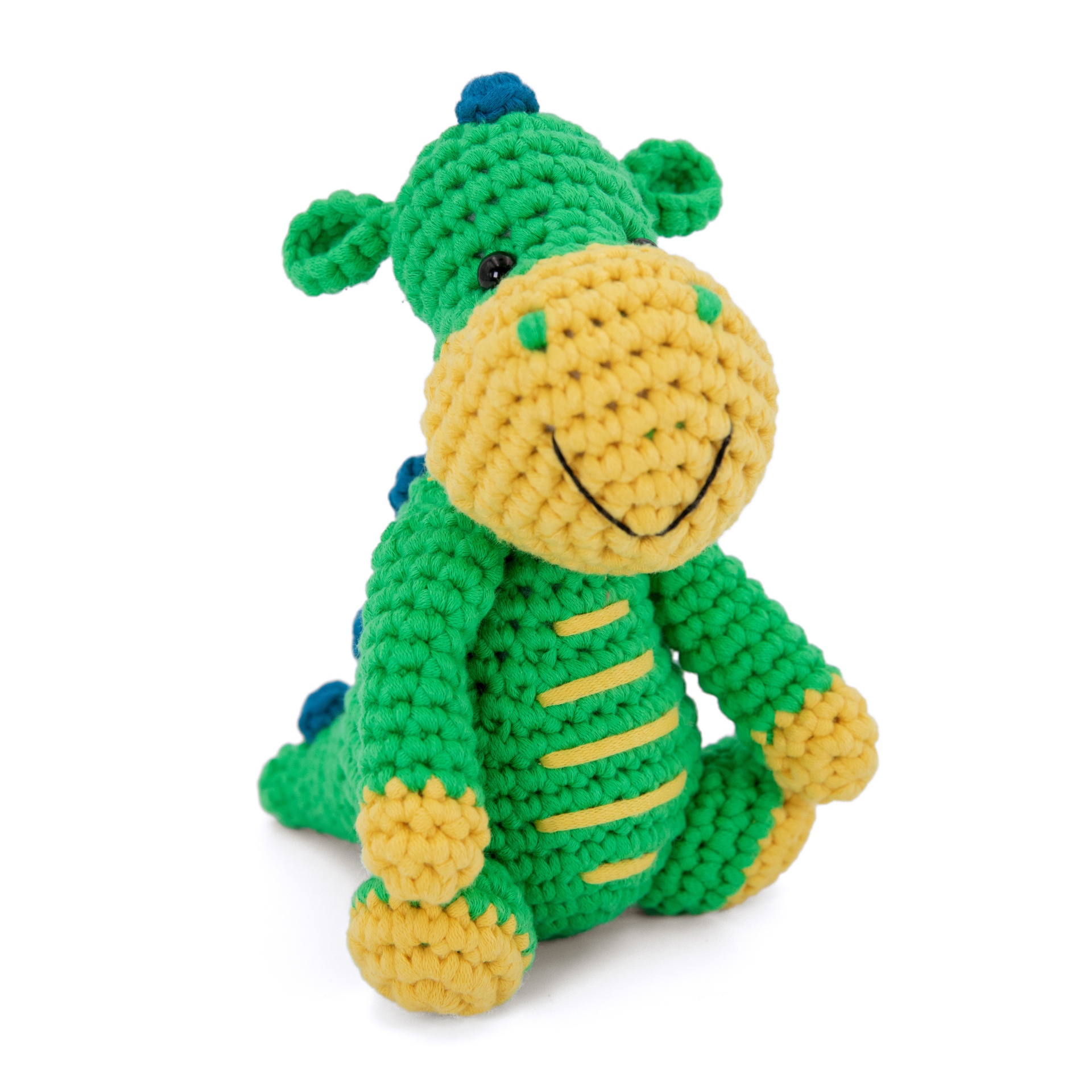 Pelúcia de croché dinossauro verde e amarelo
