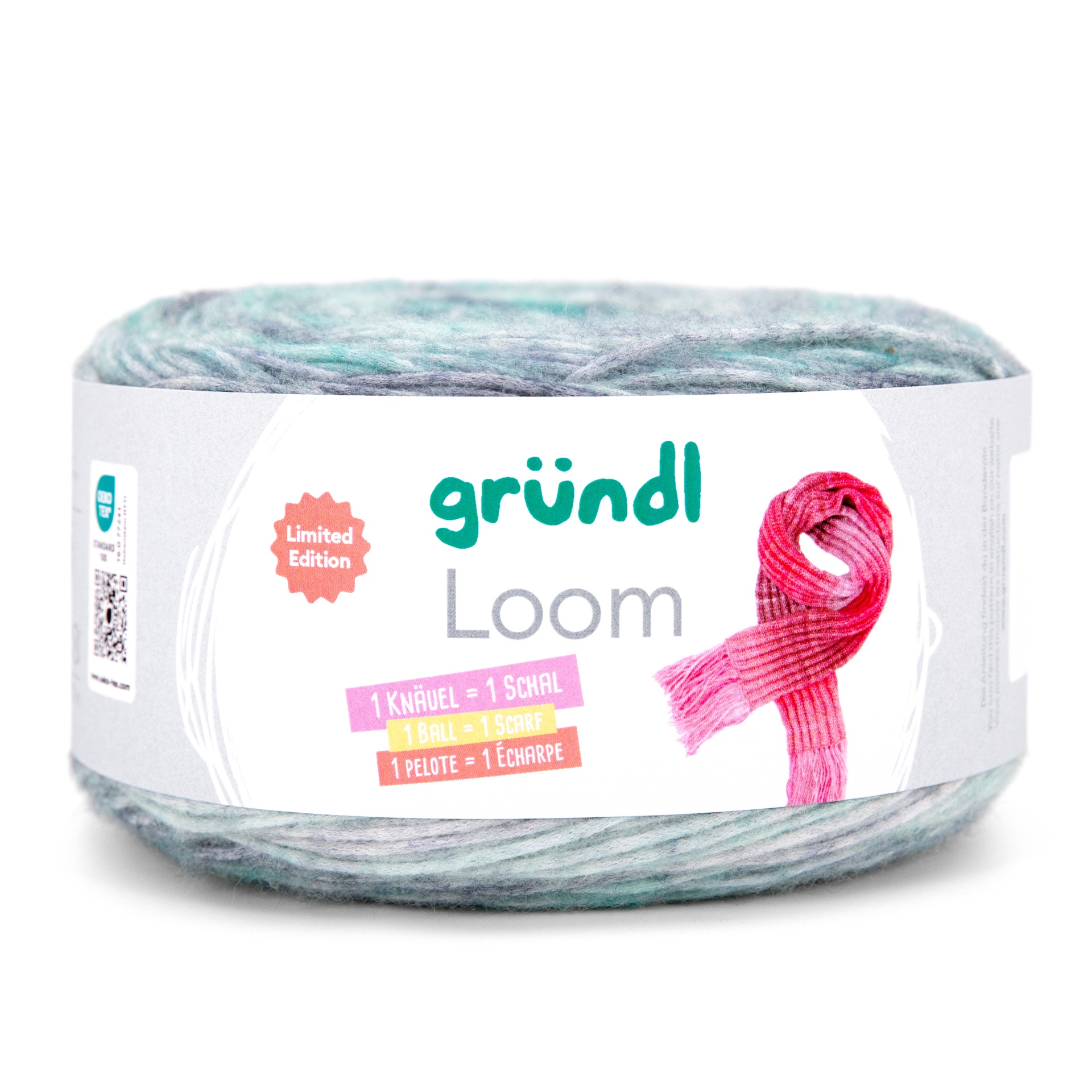 Novelo de lã gründl Loom edição limitada em tons de azul e cinza com etiqueta branca