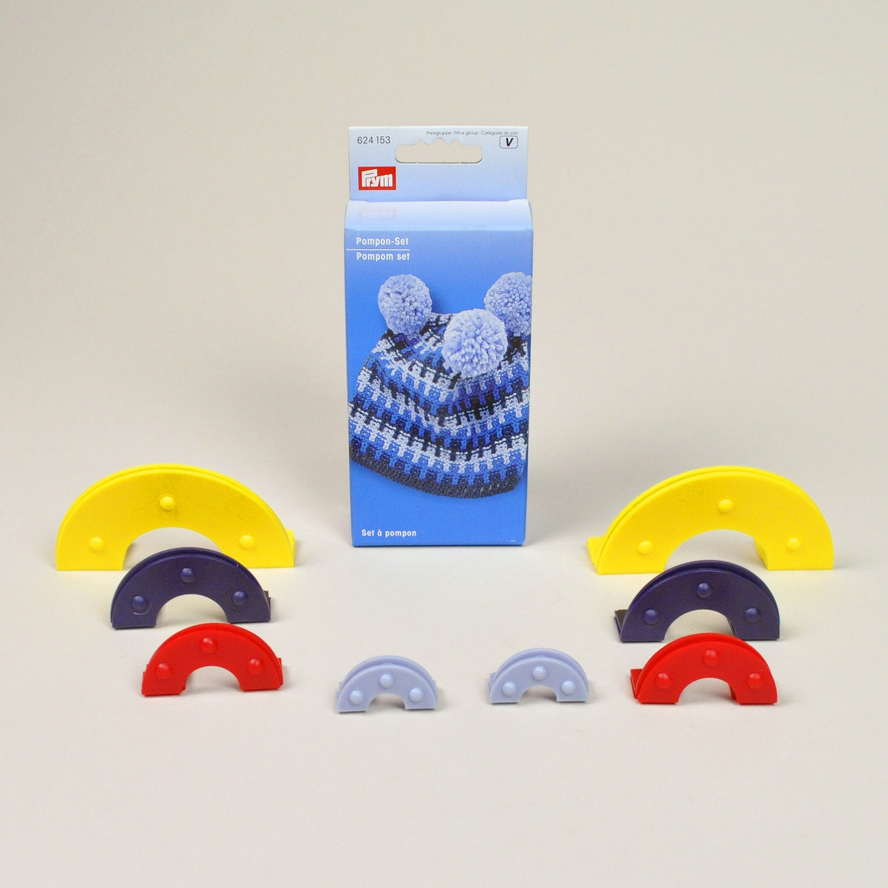 Conjunto de acessórios para pompons em plástico colorido com embalagem azul