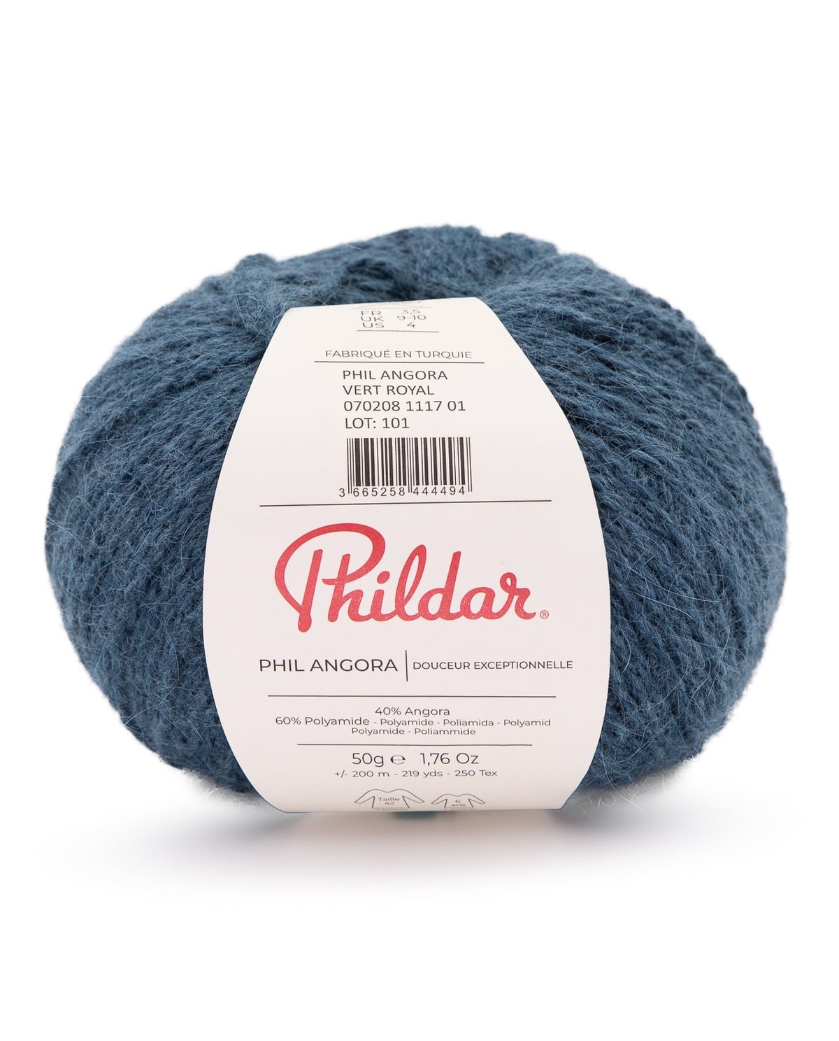 Novelo de fio azul com etiqueta branca PHILDAR