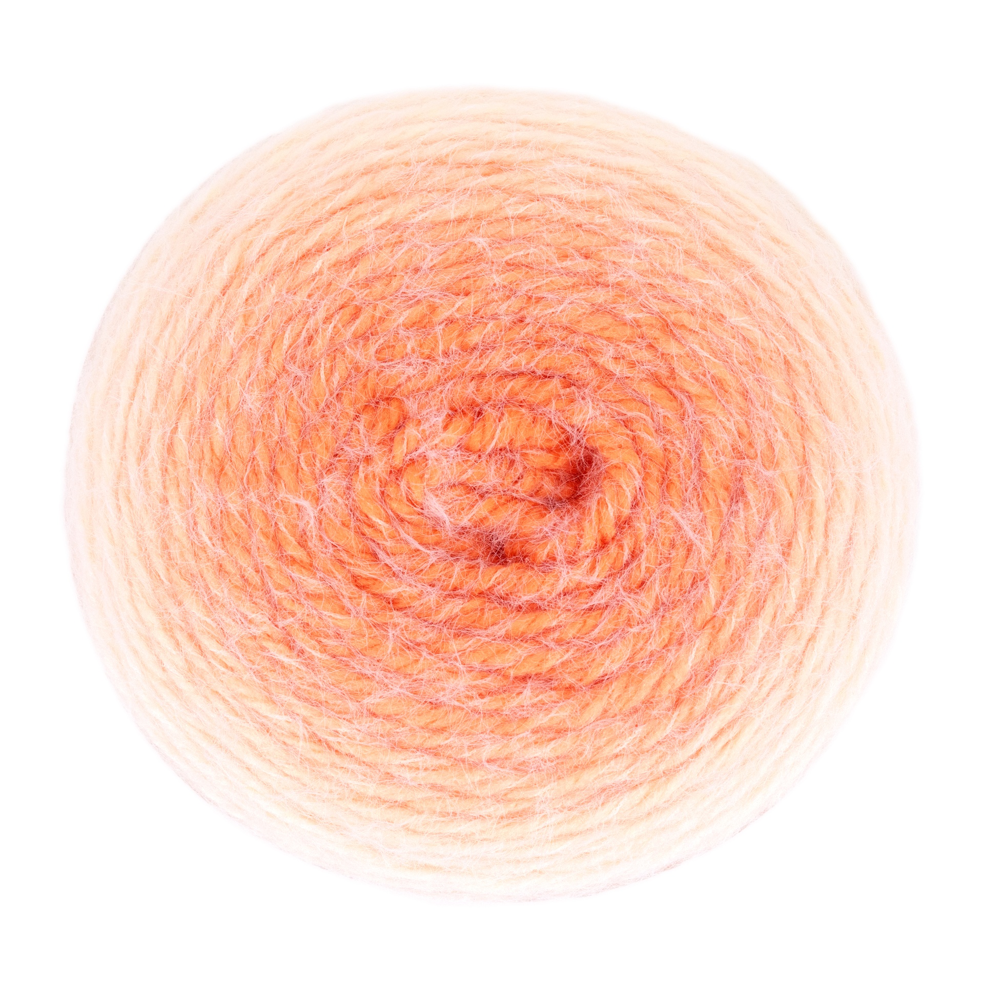 Novelo de lã laranja claro com textura macia e fundo branco