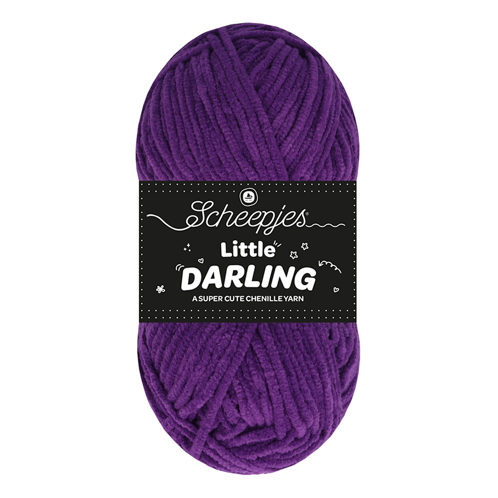 Novelo de lã chenille roxa Scheepjes Little Darling com etiqueta preta