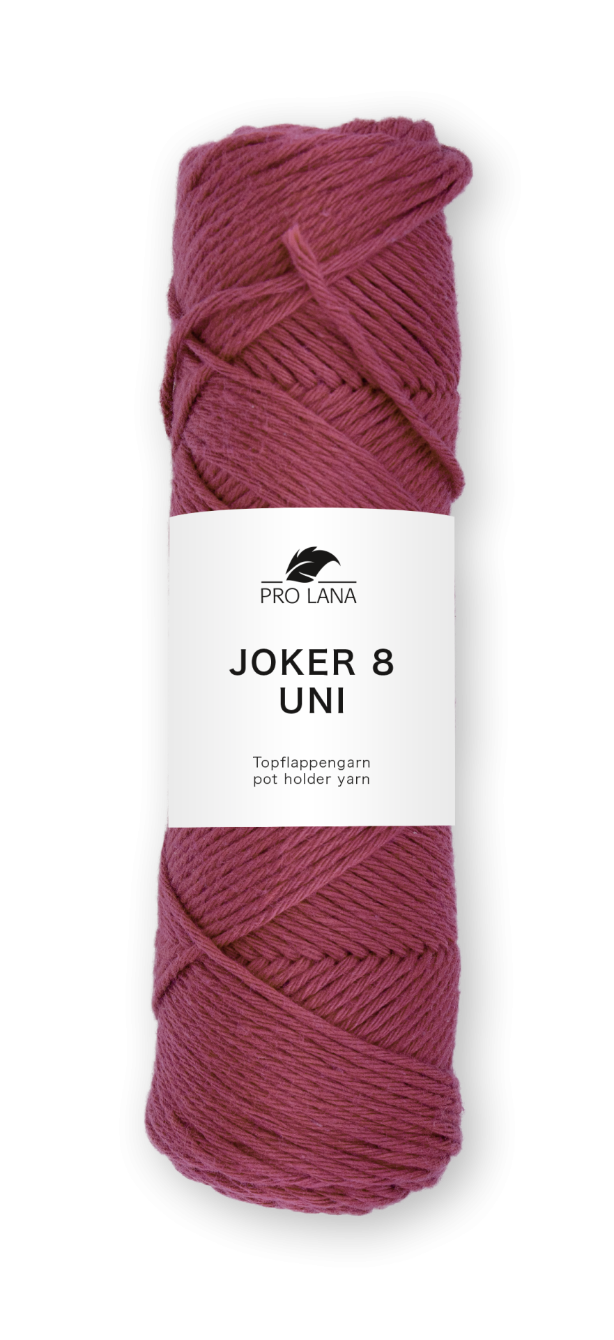 Novelo de fio de lã cor rosa escuro com etiqueta branca com texto