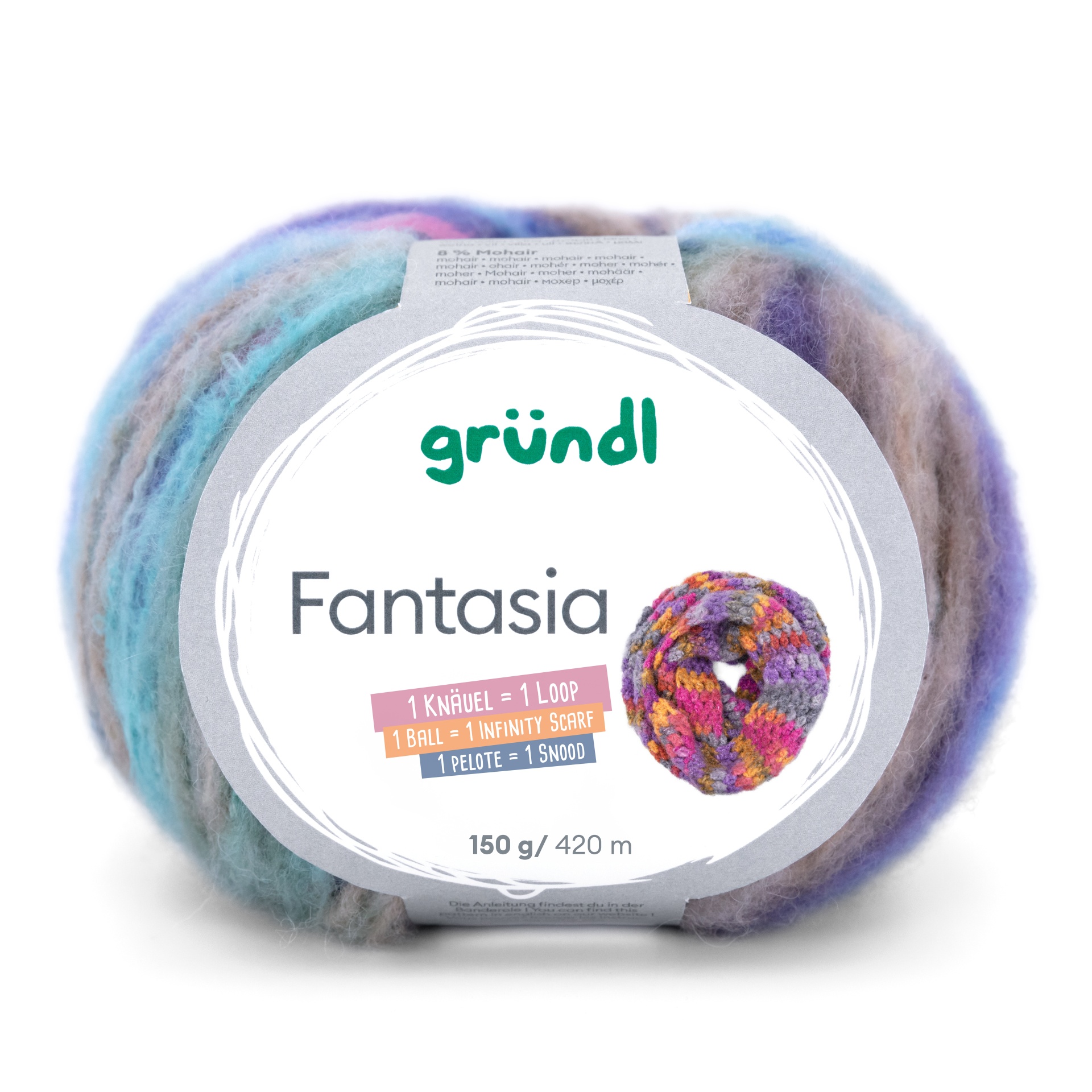 Novelo de lã multicolorido gründl Fantasia com etiqueta branca