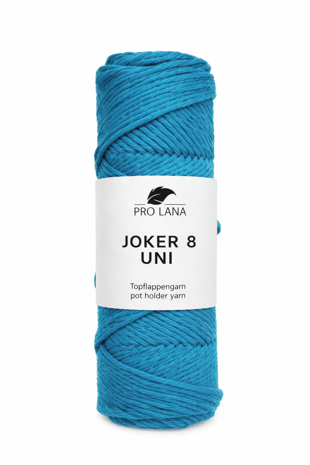 Novelo de fio azul turquesa com etiqueta branca da marca PRO LANA