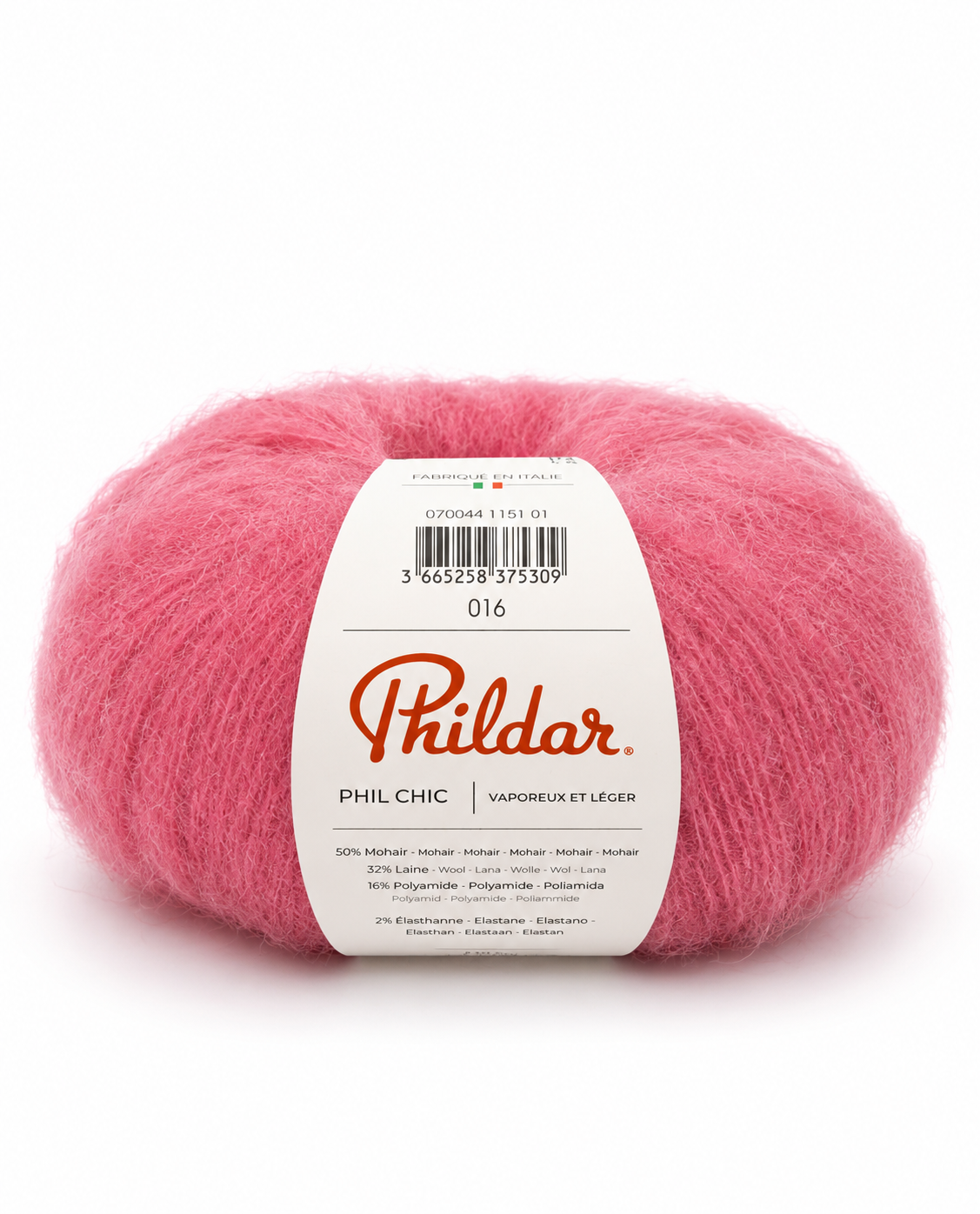 Novelo de lã rosa com etiqueta branca da marca Phildar