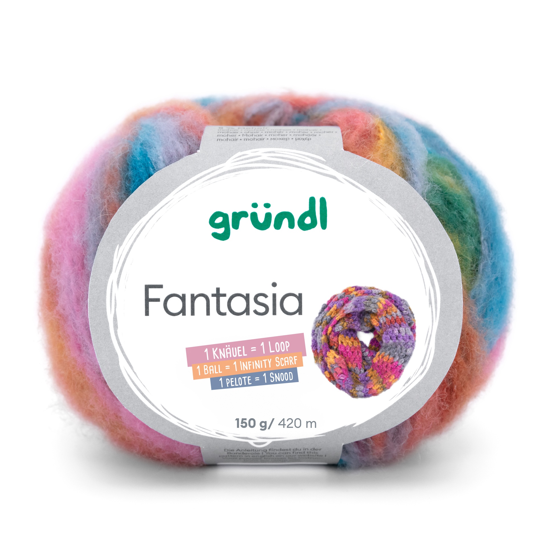 Novelo de lã colorida Gründl Fantasia com etiqueta branca e texto informativo