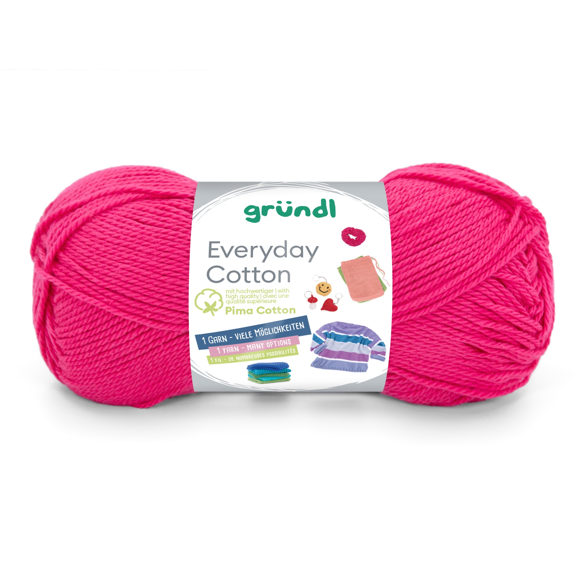 Novelo de fio de algodão rosa com rótulo branco da marca gründl