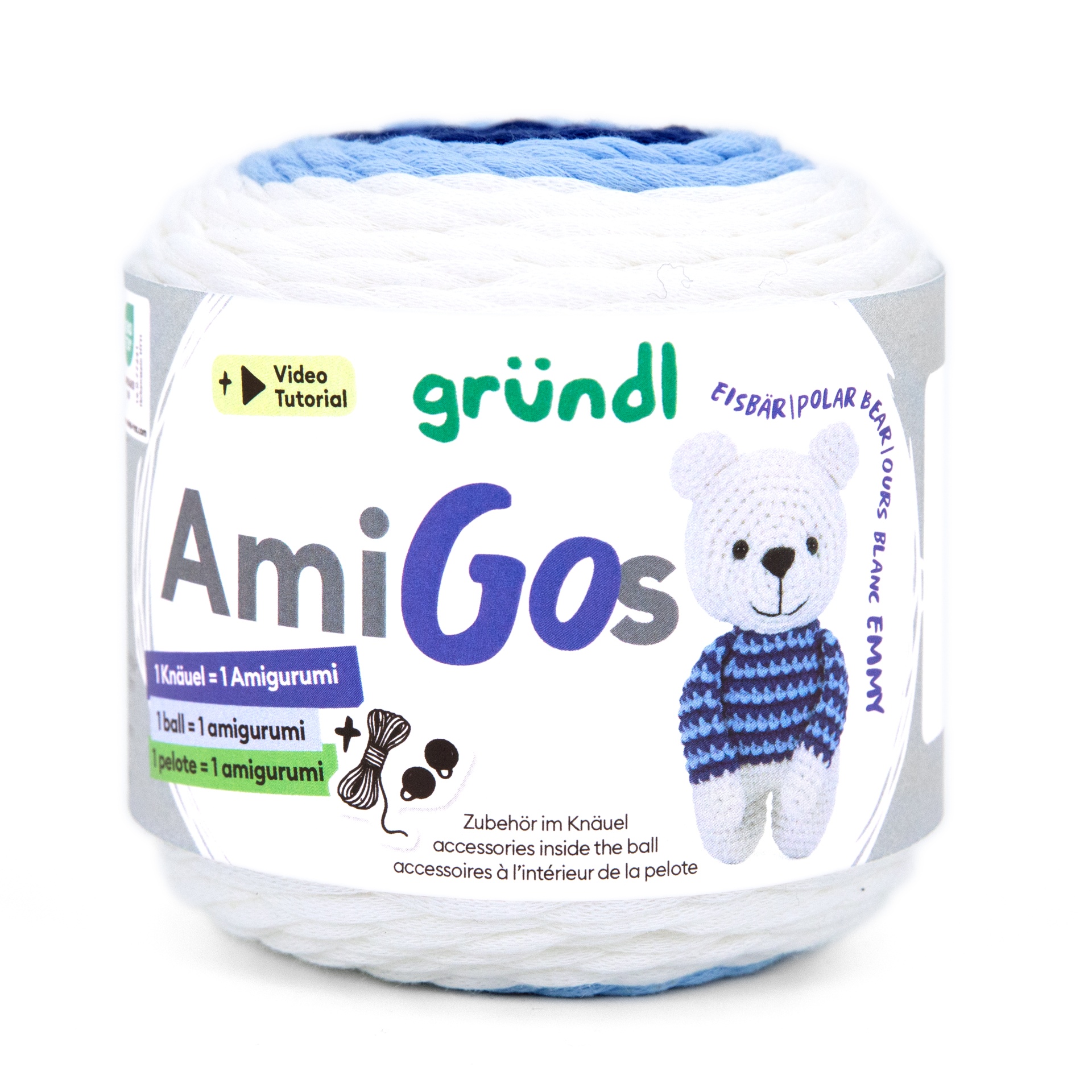 Novelo de fio colorido com etiqueta e urso de crochê