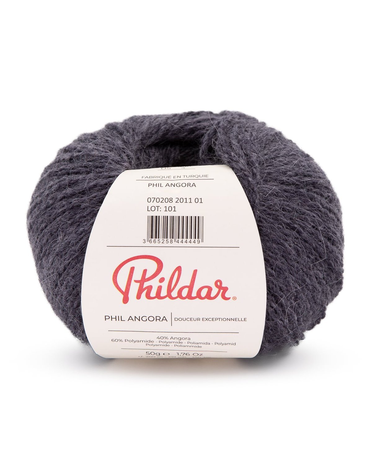 Novelo de lã cinzento escuro com etiqueta da marca PHILDAR.