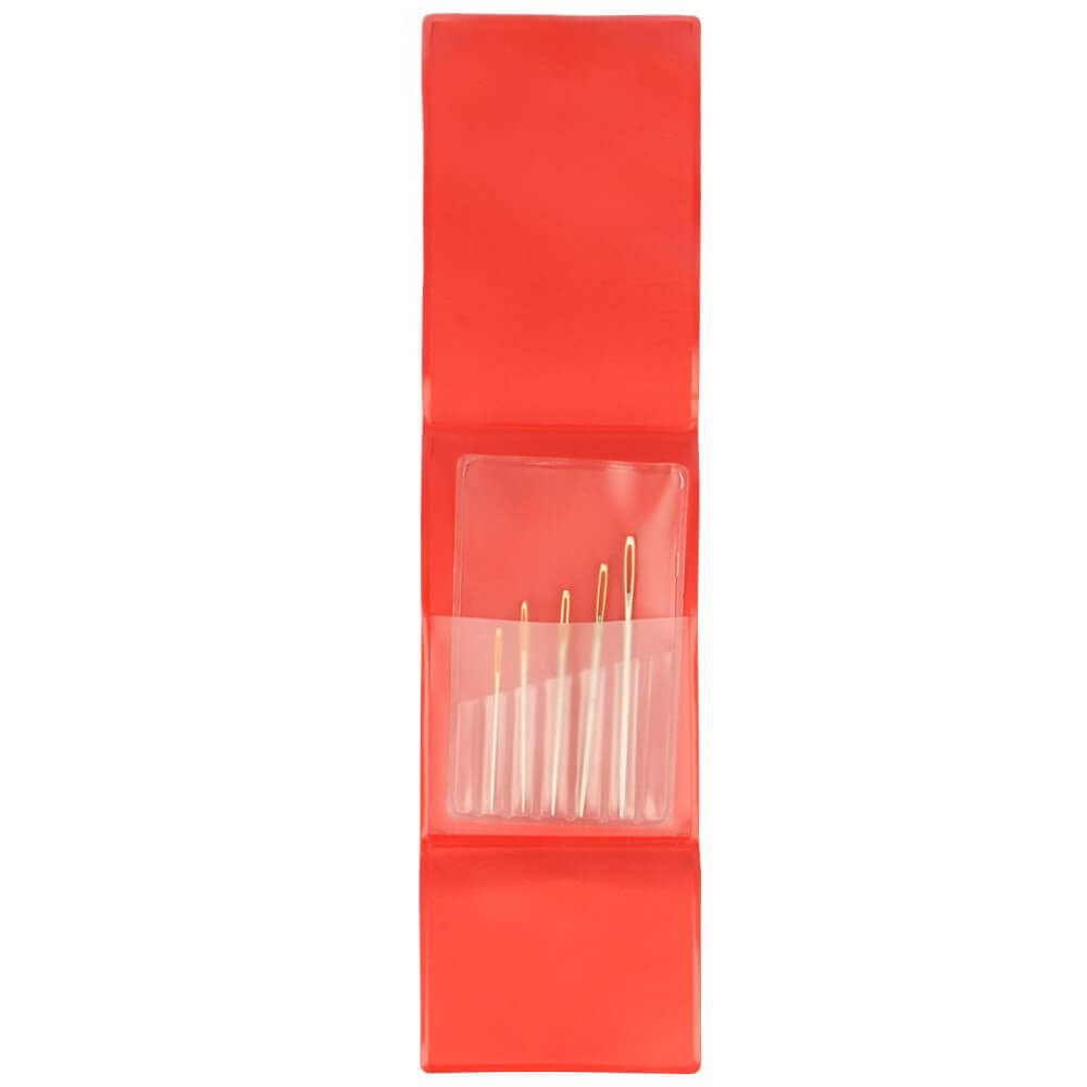 Conjunto de agulhas douradas em estojo vermelho flexível com bolso transparente