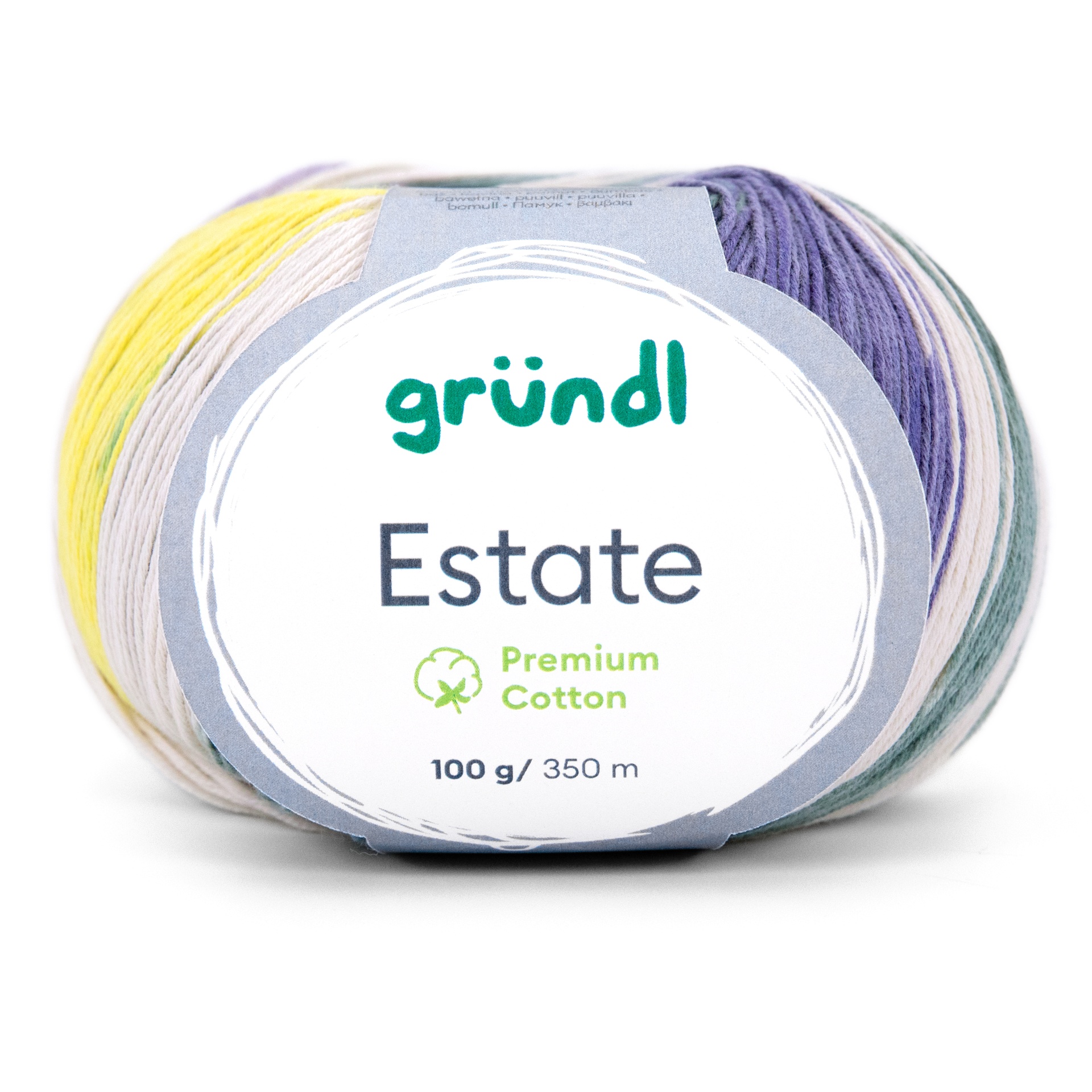 Novelo de fio multicolorido gründl Estate em embalagem rotulada