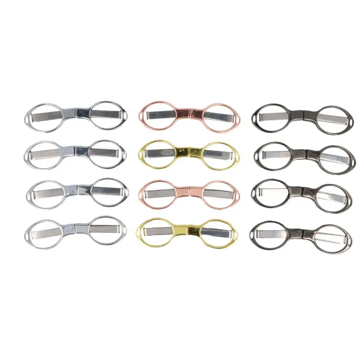 12 abridores de anéis metálicos em cores prateado, dourado, preto e cobre organizados em grelha