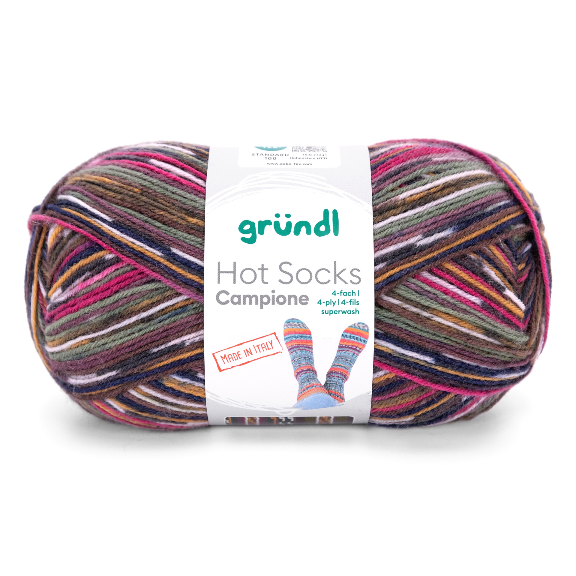 Novelo de lã multicolorida para meias com etiqueta branca