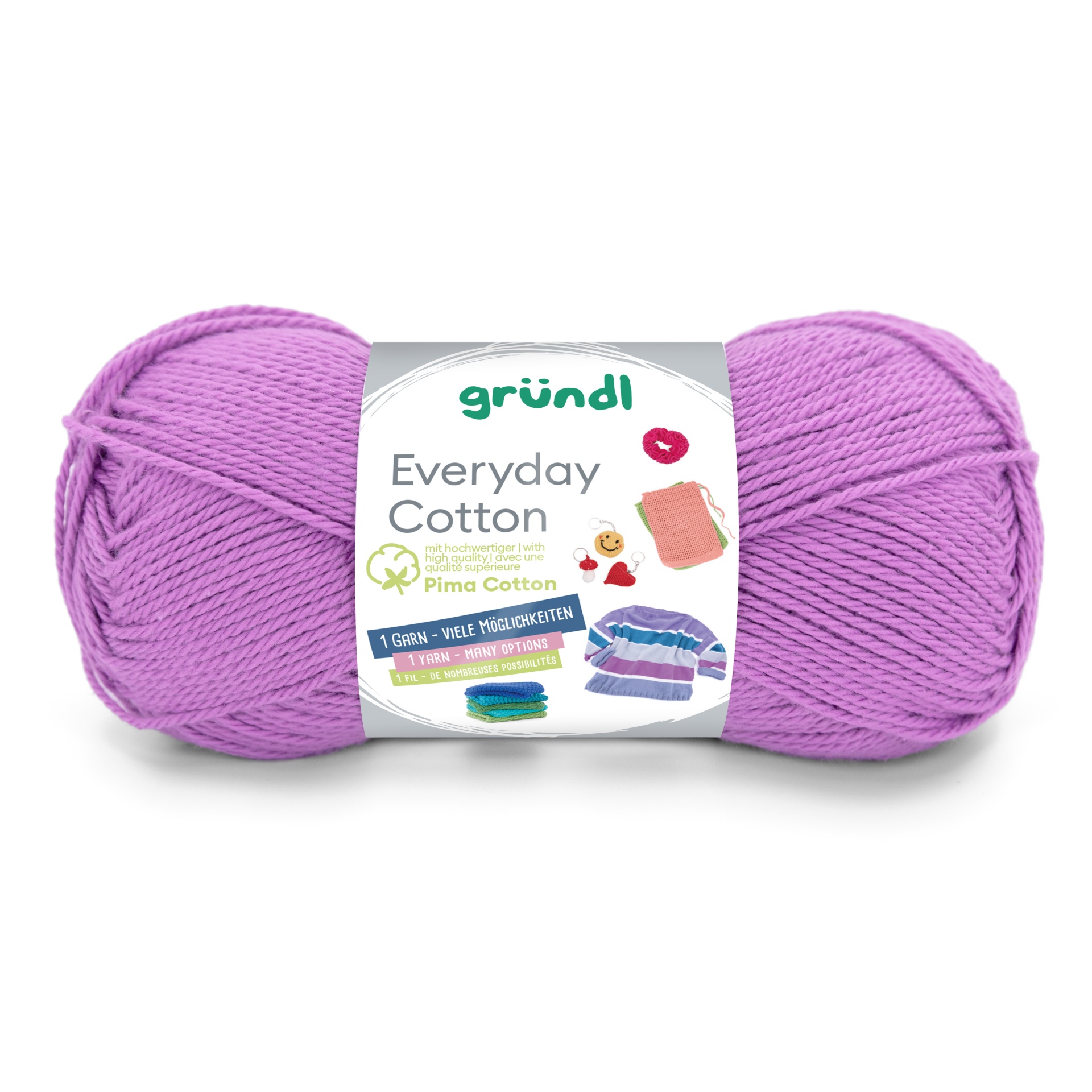Novelo de fio de algodão lilás da marca gründl com etiqueta informativa