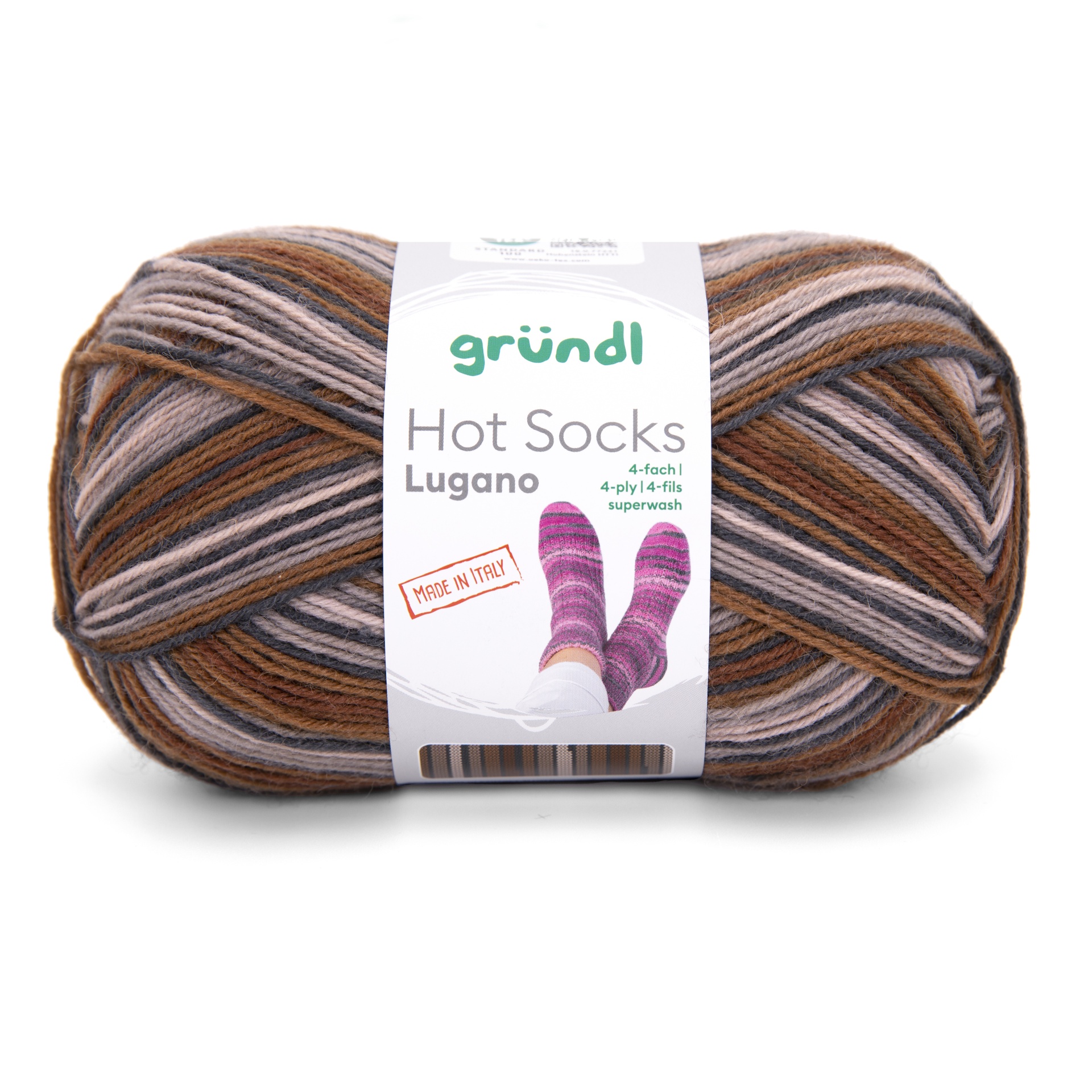 Novelo de lã para meias com padrão às riscas em tons terra e rótulos. 