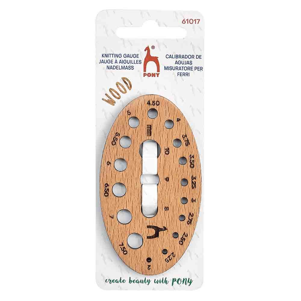 Calibrador de agulhas de tricô de madeira oval da marca PONY com vários tamanhos numerados