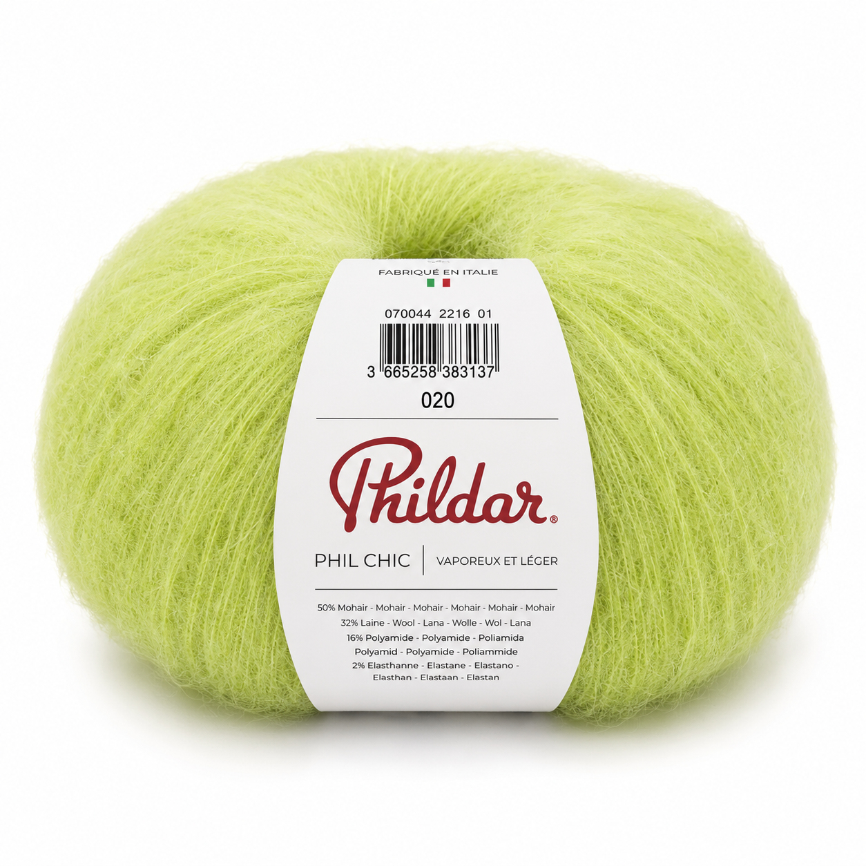 Novelo de lã verde claro com etiqueta branca e texto PHILDAR PHIL CHIC.