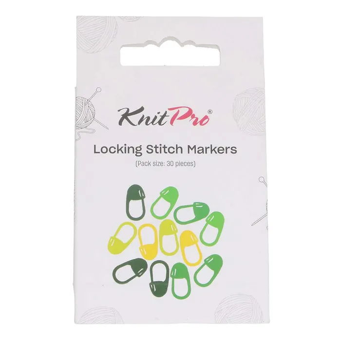 Embalagem branca com 30 marcadores de ponto para tricot verde e amarelo da KnitPro