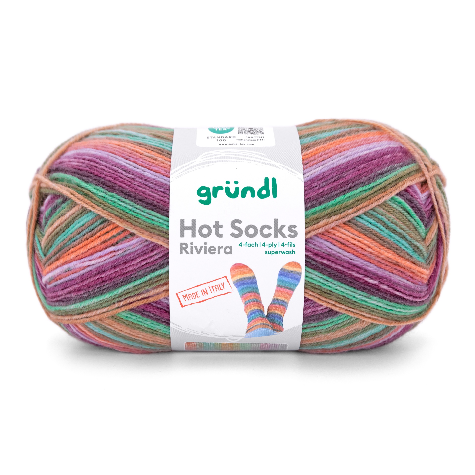 Novelo de lã multicolorida Hot Socks Riviera da marca gründl com etiqueta branca