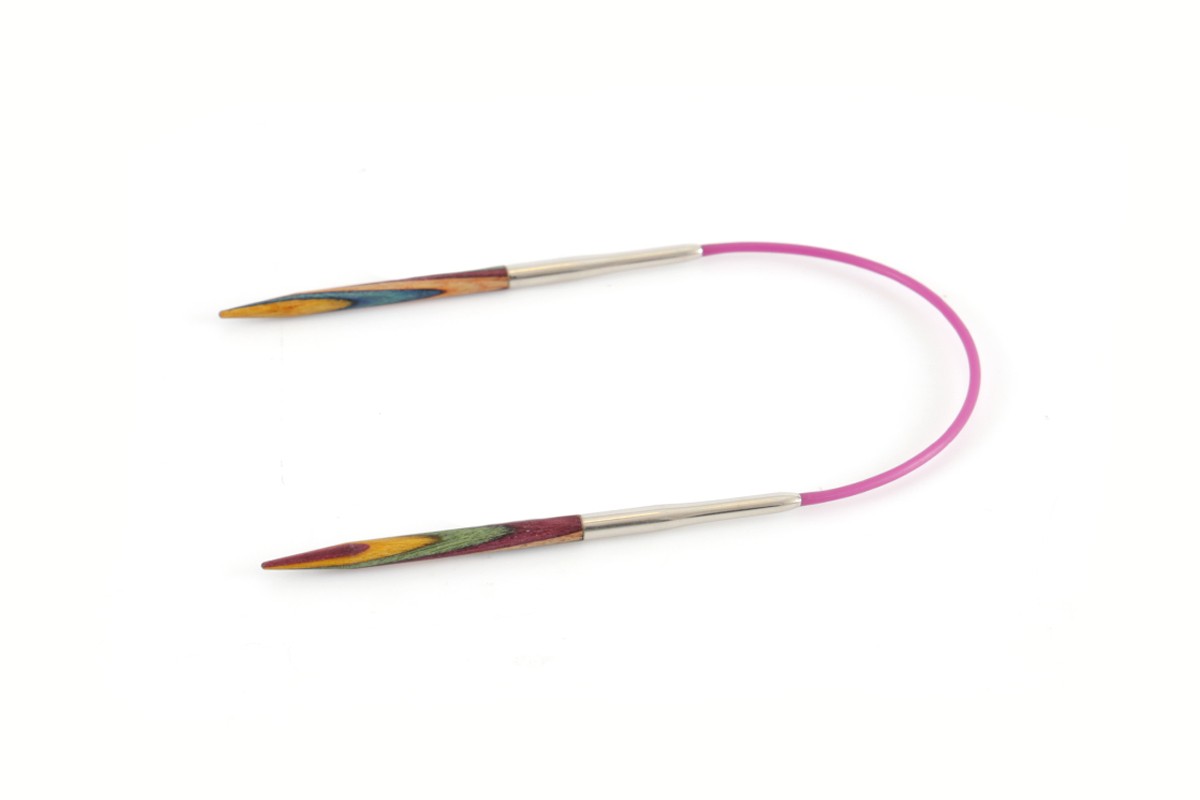 Agulhas de tricô circulares com pontas de madeira colorida e cabo rosa