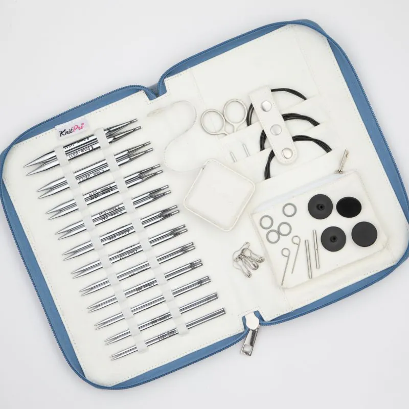 Conjunto de acessórios para tricô em estojo branco e azul