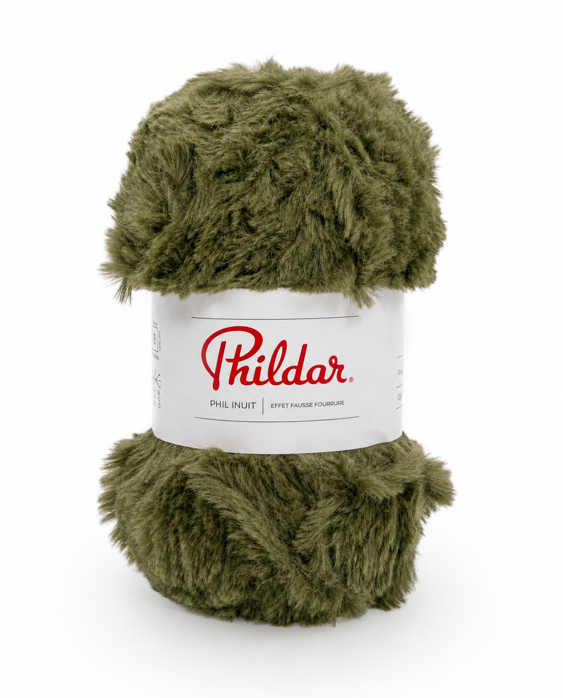 Rolo de lã pelúcia verde-oliva com etiqueta Phildar.