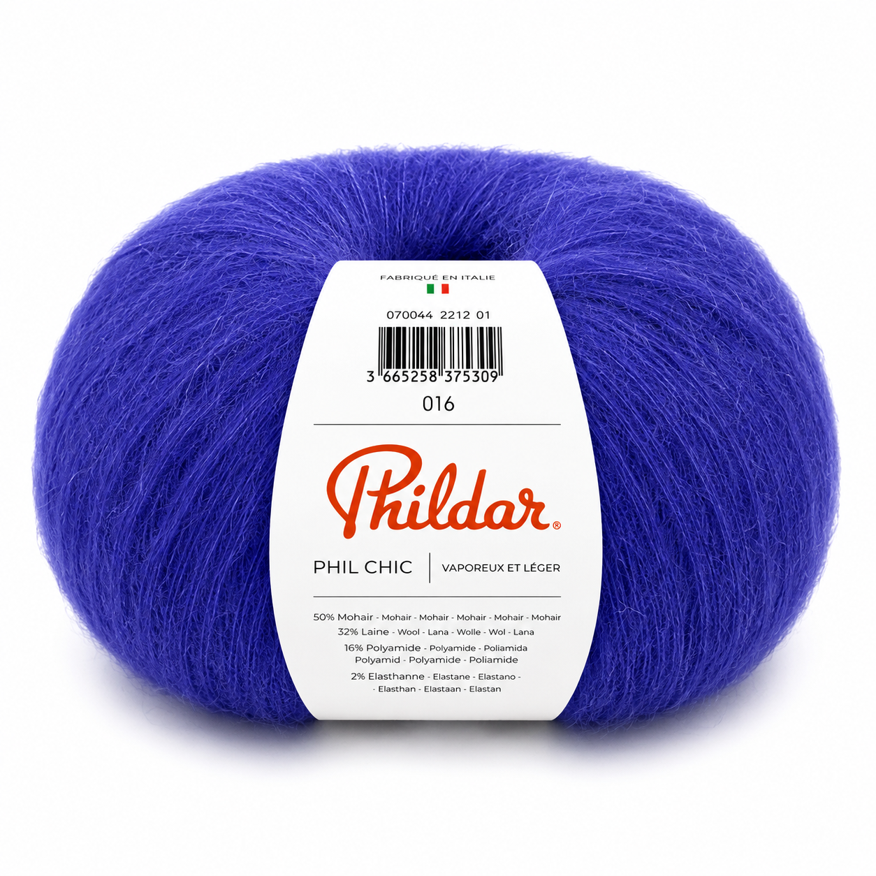 Novelo de lã azul roxa Phildar PHIL CHIC com etiqueta branca