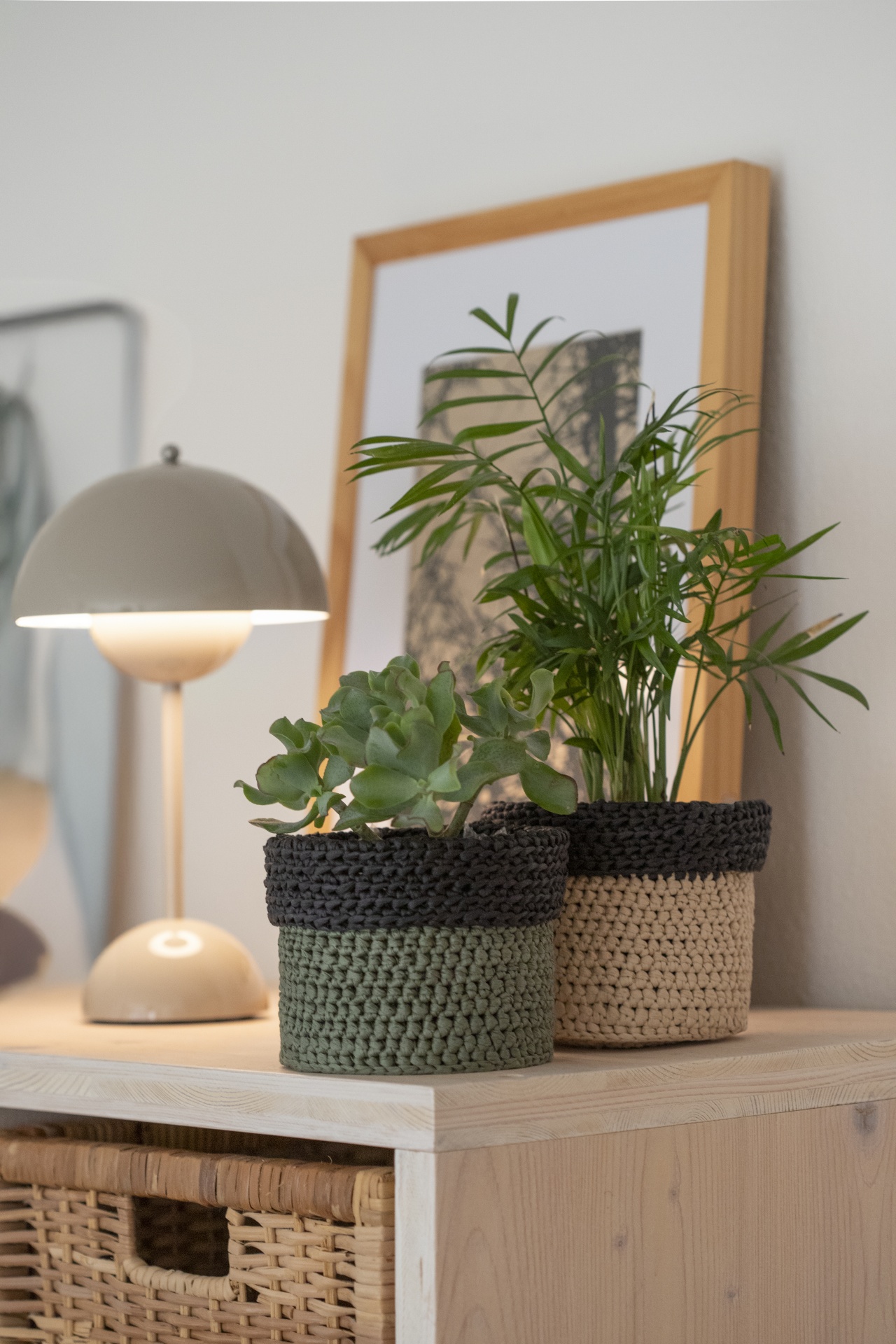 Duas plantas em vasos tricotados em móvel com lâmpada e quadro