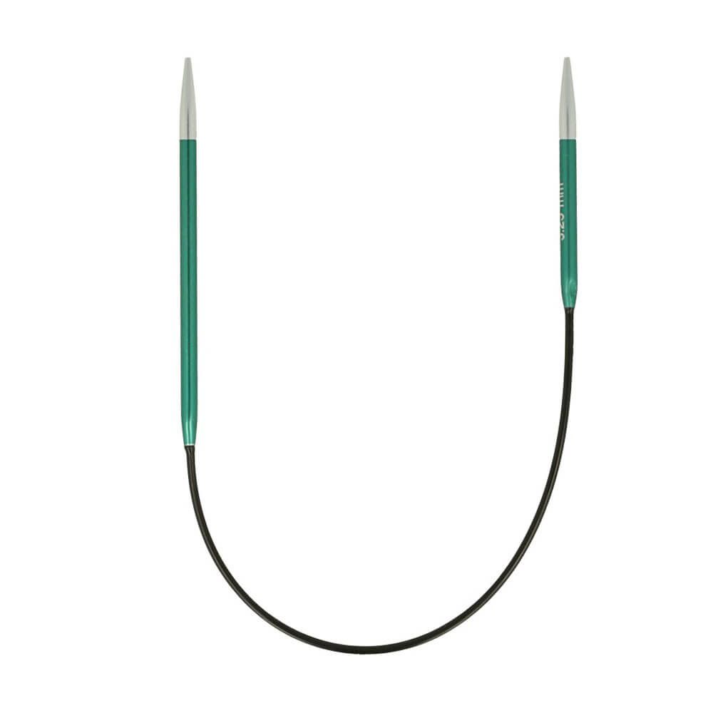 Agulha circular de tricô com pontas metálicas e cabo verde