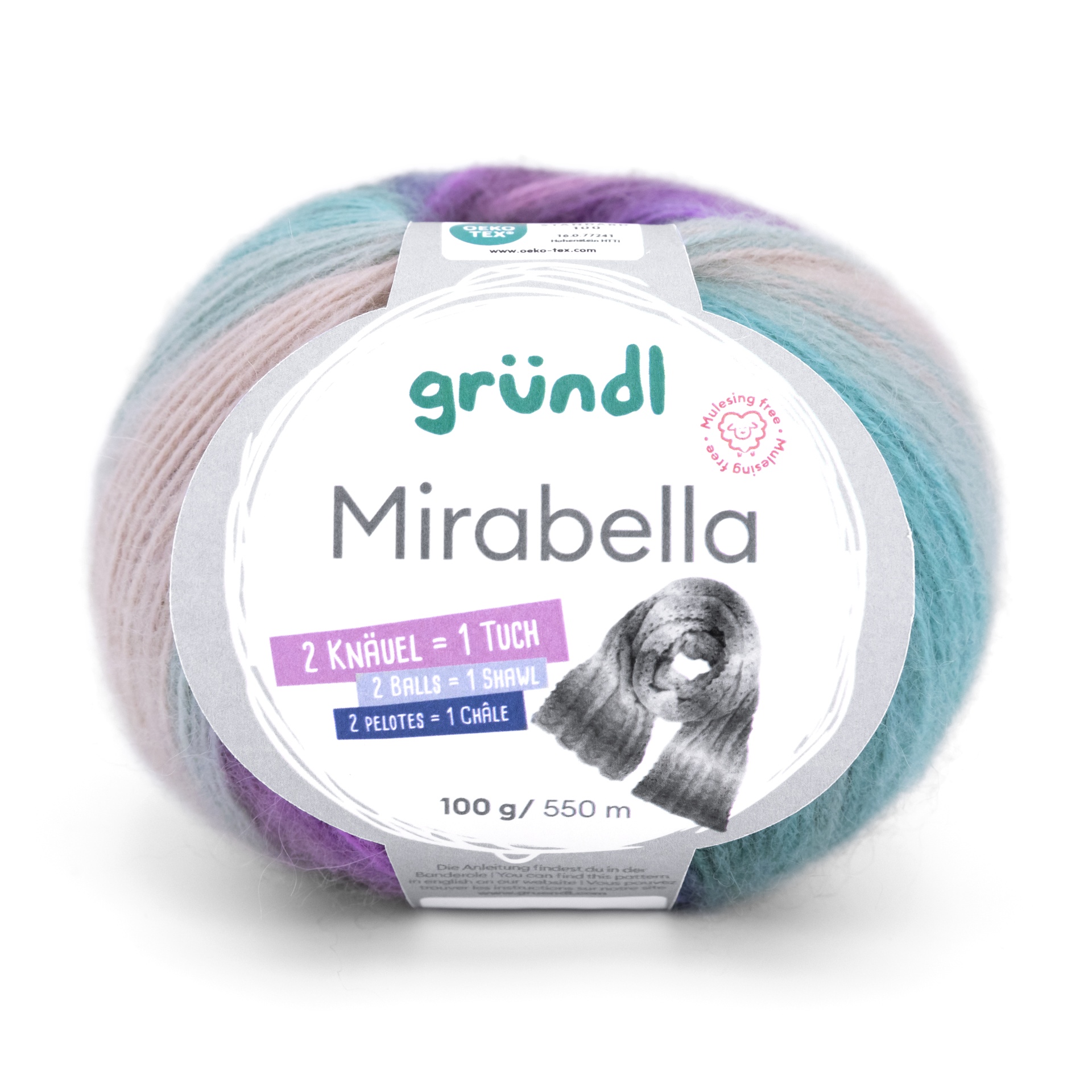 Novelo de lã colorida Gründl Mirabella com etiqueta branca