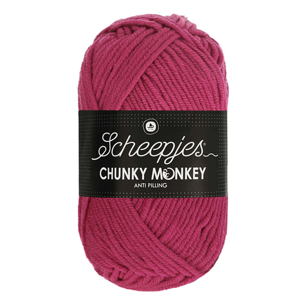 Novelo de lã grossa rosa choque Scheepjes Chunky Monkey com etiqueta preta