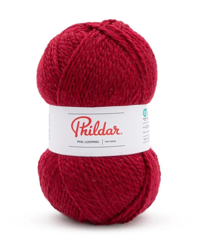 Novelo de lã vermelho Phildar Phil Looping com etiqueta branca