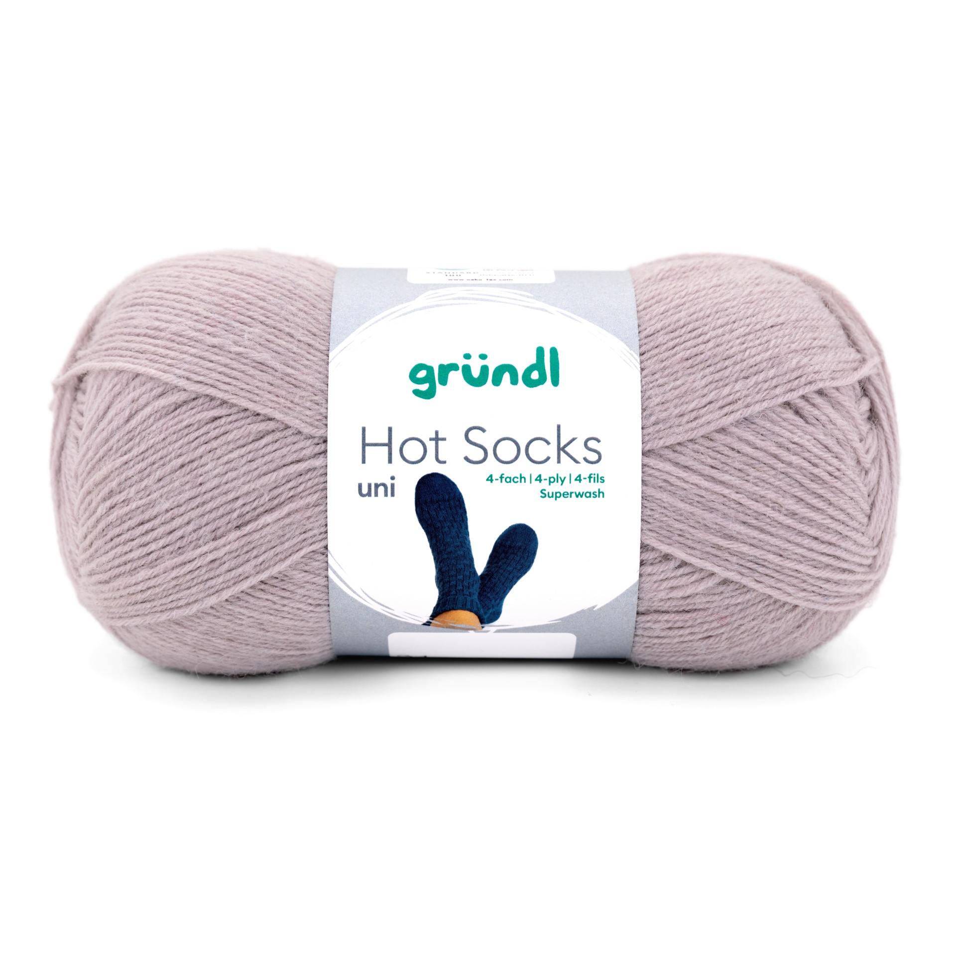 Novelo de lã cinzenta clara gründl Hot Socks uni com etiqueta sobre fundo branco