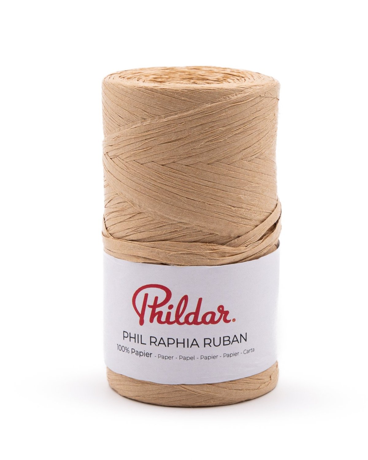 Rolo de fita de ráfia bege natural com etiqueta branca da marca Phildar.