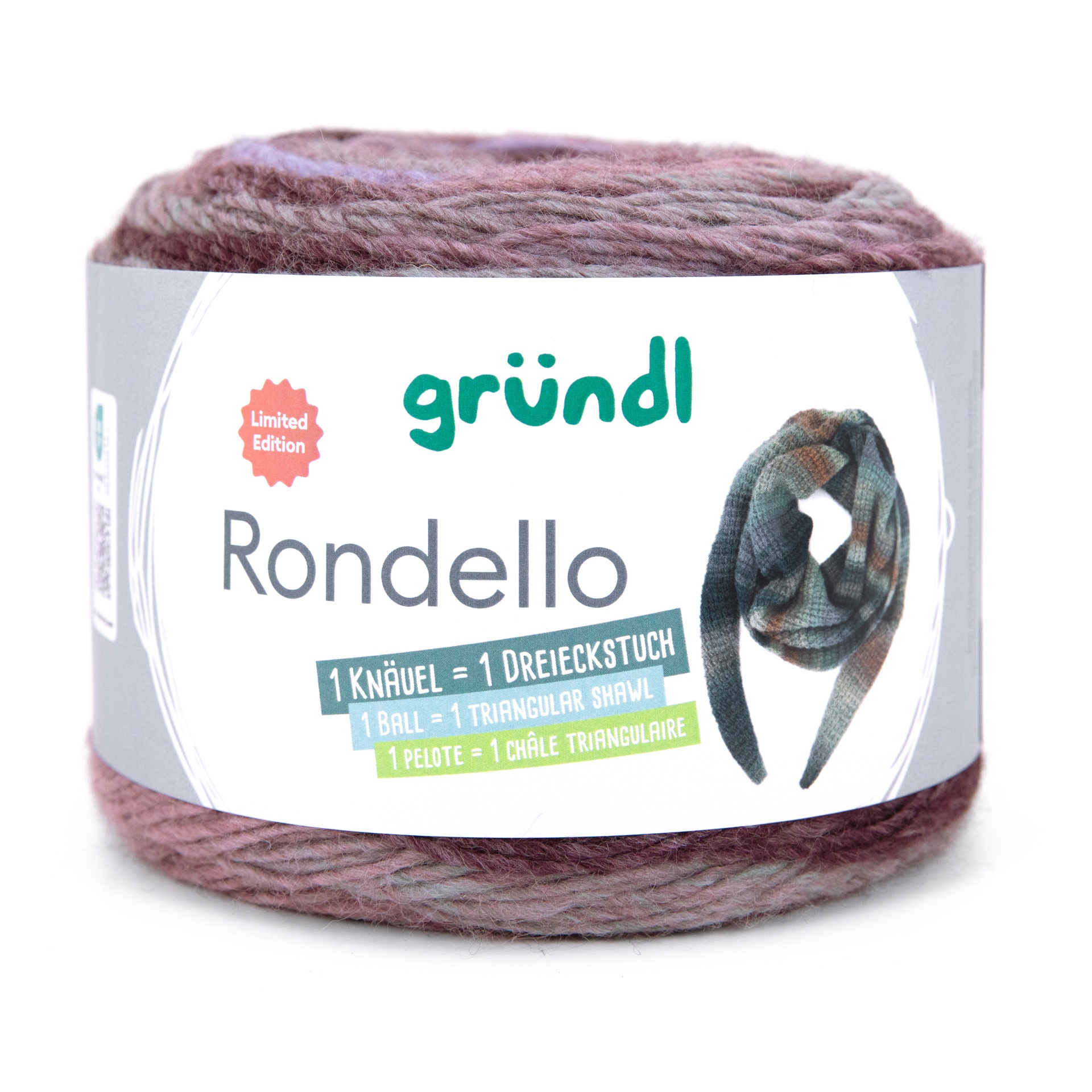Novelo de fio de lã colorido em tons rosa e cinza com etiqueta branca