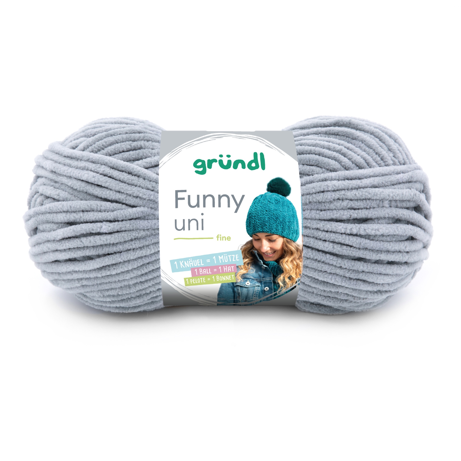 Novelo de lã cinzenta grossa com etiqueta da marca gründl Funny uni fine