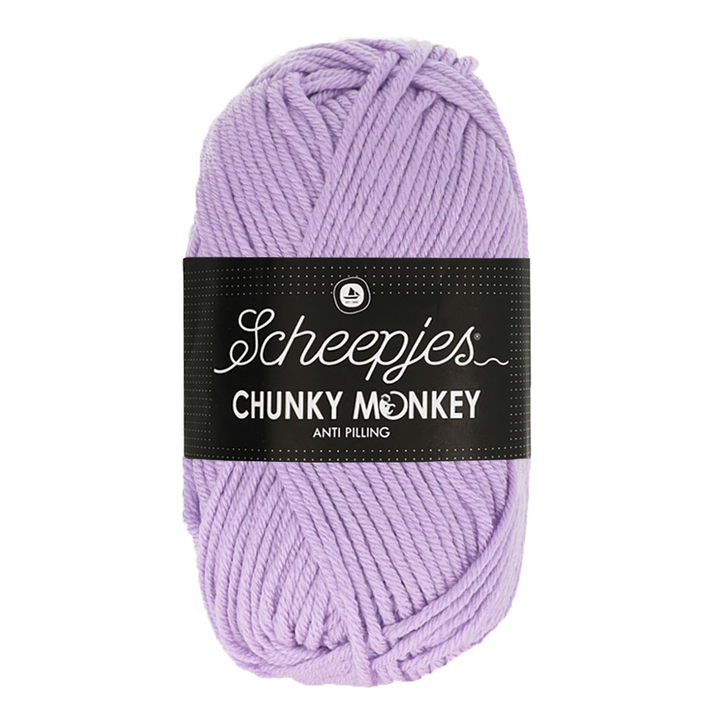 Novelo de lã lilás com etiqueta preta Scheepjes Chunky Monkey.