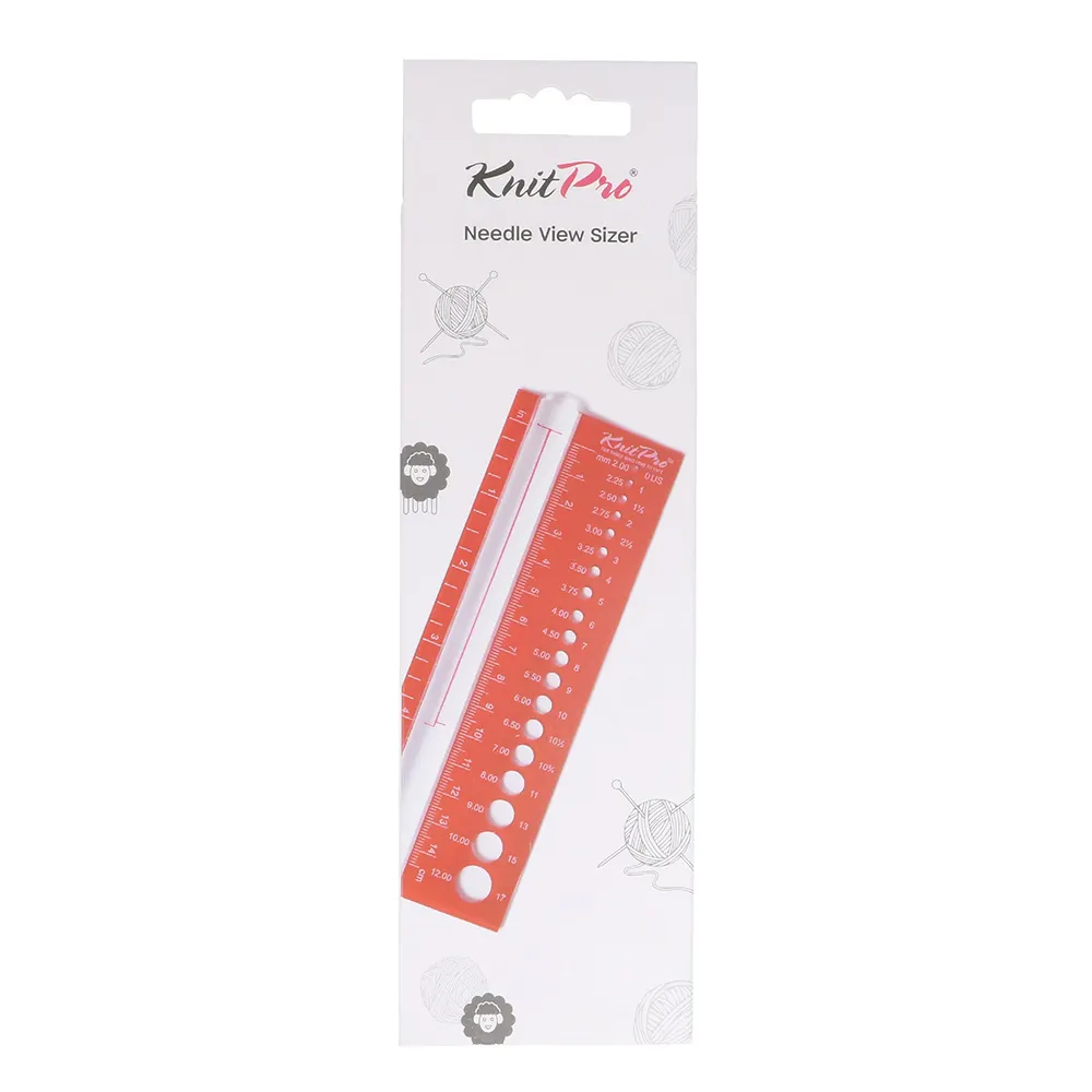 Medidor de agulhas KnitPro Needle View Sizer em plástico vermelho e transparente com embalagem branca