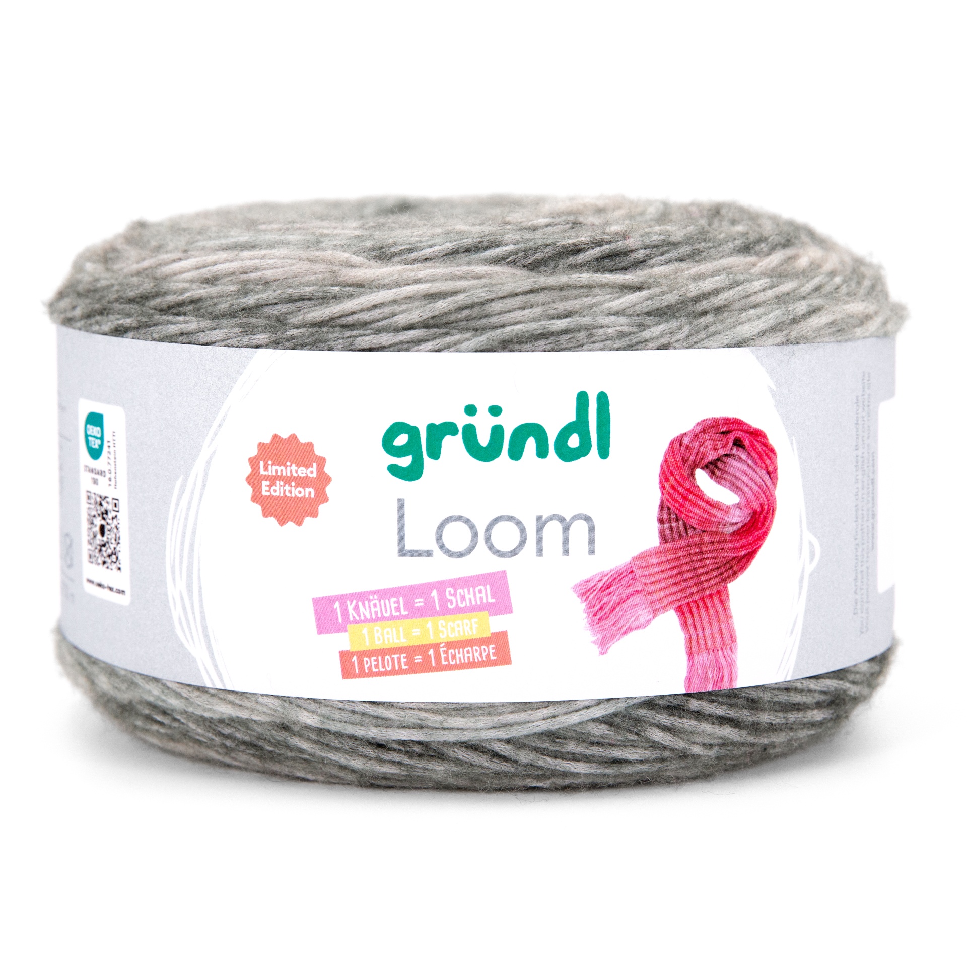 Novelo de lã cinza com etiqueta branca com texto e imagem de cachecol rosa