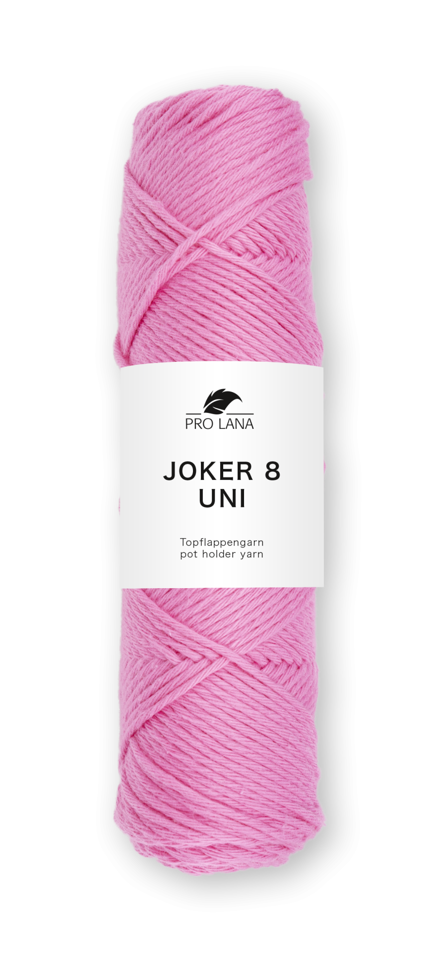 Novelo de lã rosa Pro Lana com etiqueta branca e texto