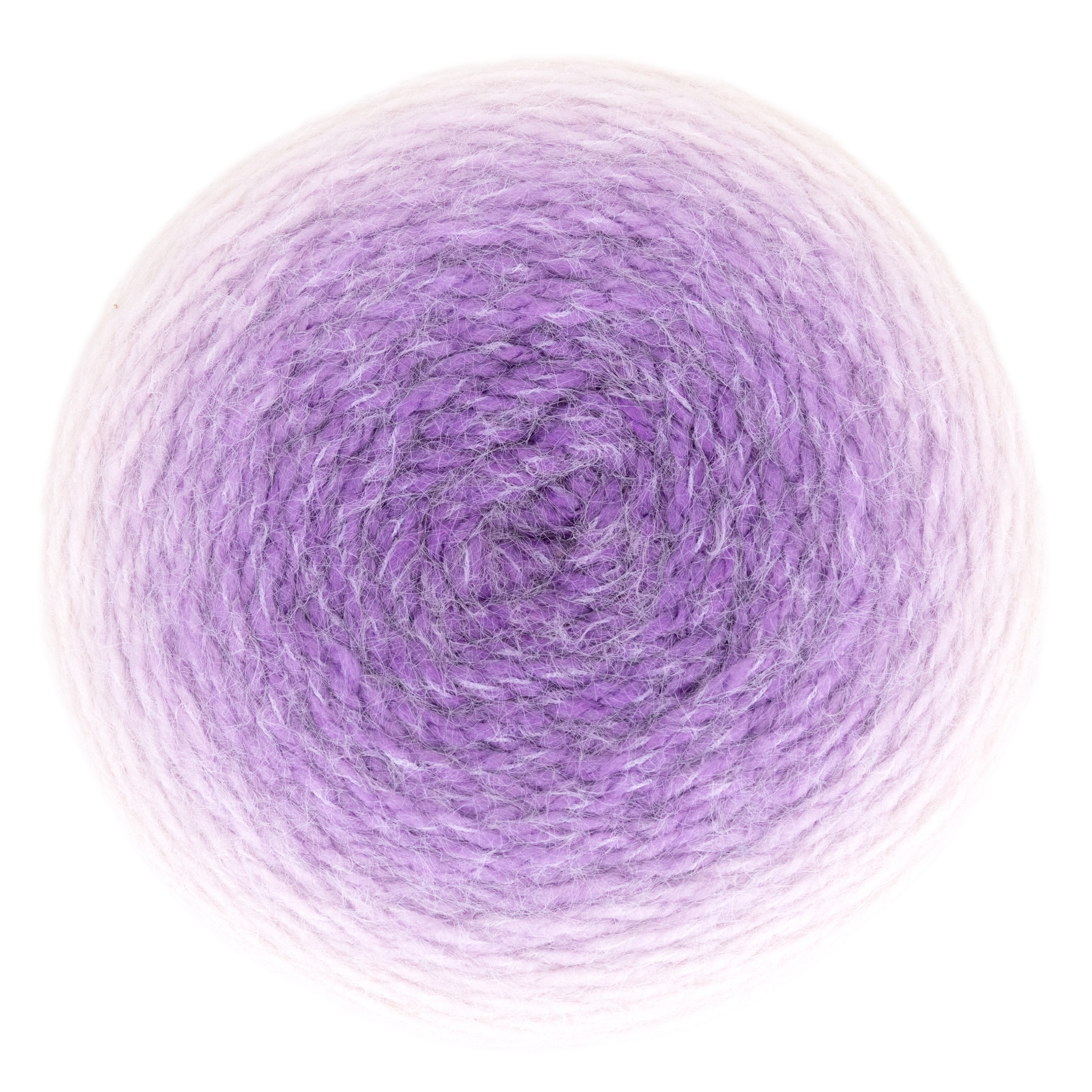 Rolo de lã em tons de roxo e lilás em superfície circular