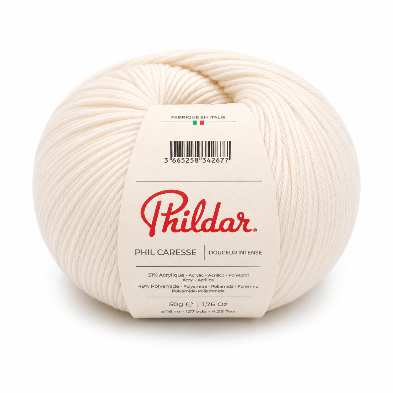 Rolo de fio de lã creme com etiqueta branca PHILDAR PHIL CARESSE