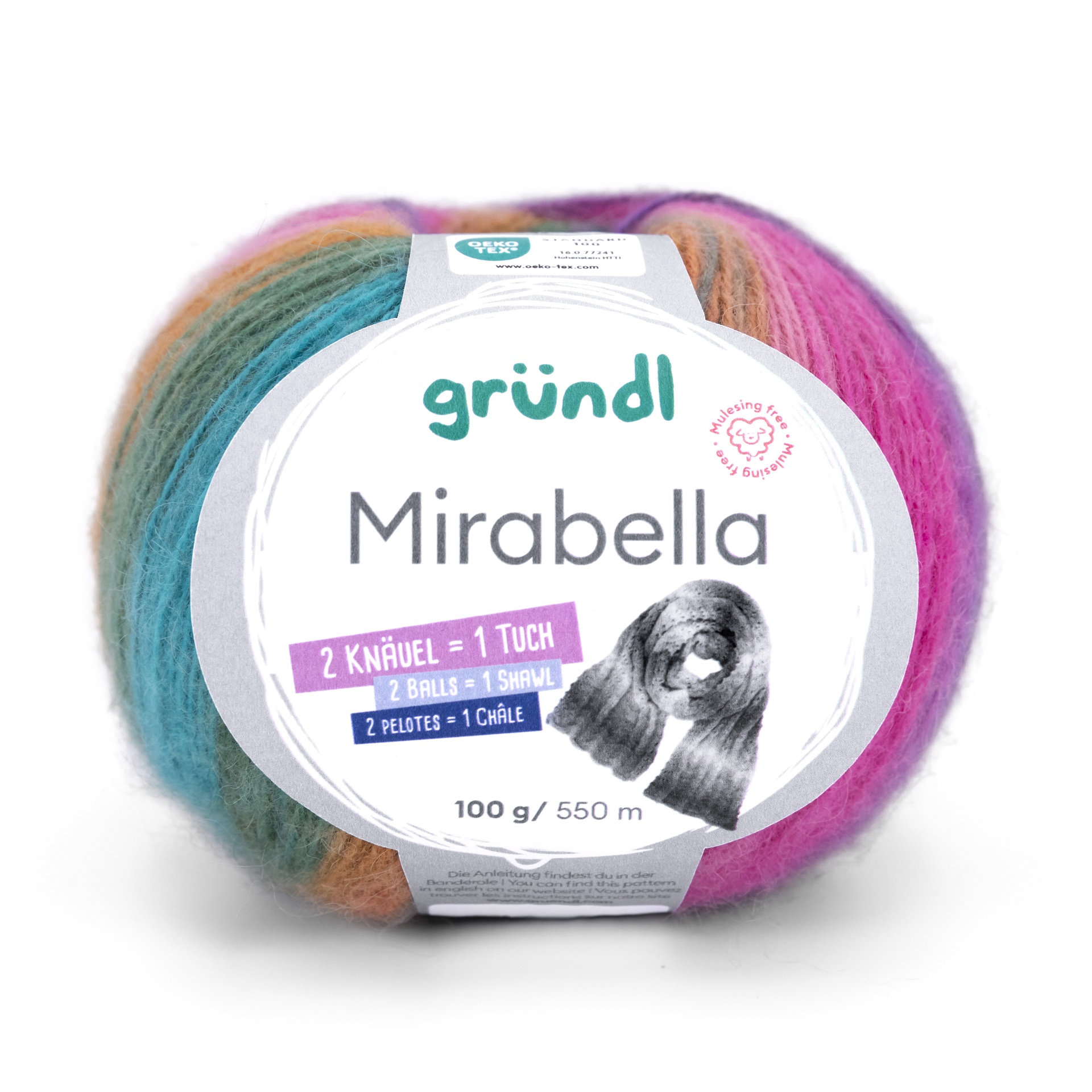 Novelo de lã multicolorida gründl Mirabella com rótulo branco