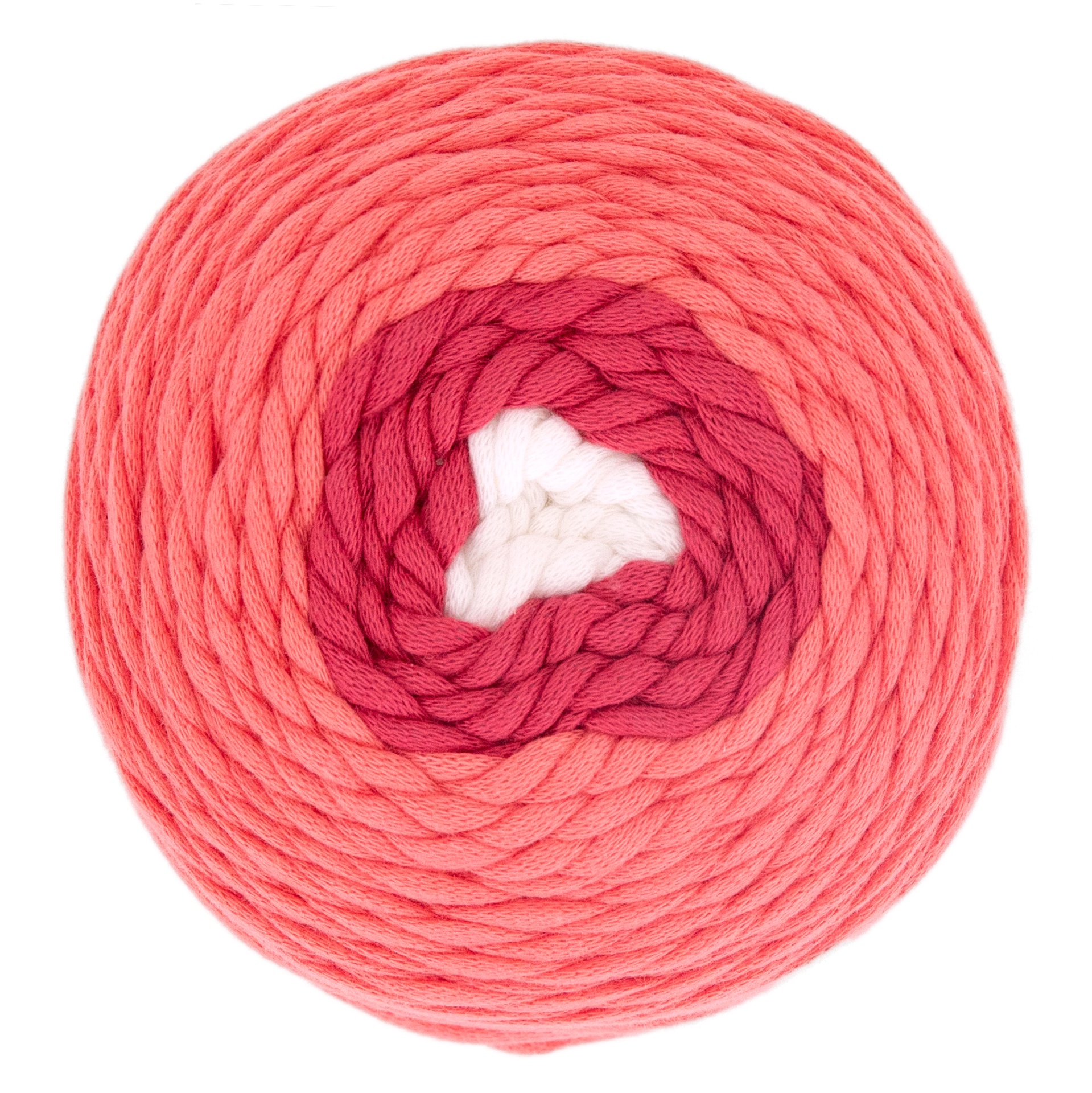 Rolo trançado de fio vermelho coral, rosa e branco