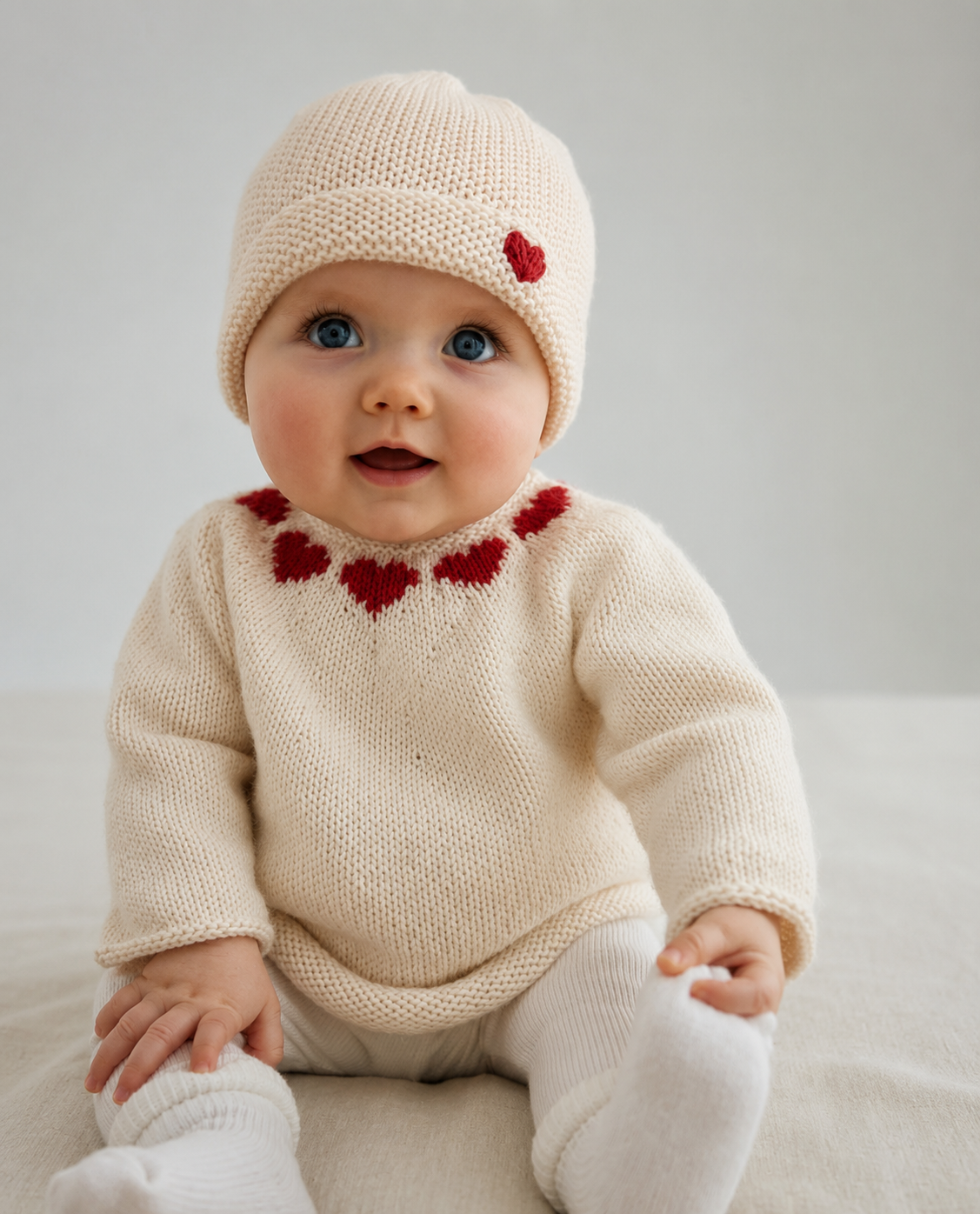 Bebé com camisola e gorro de malha creme e corações vermelhos sentado num fundo neutro