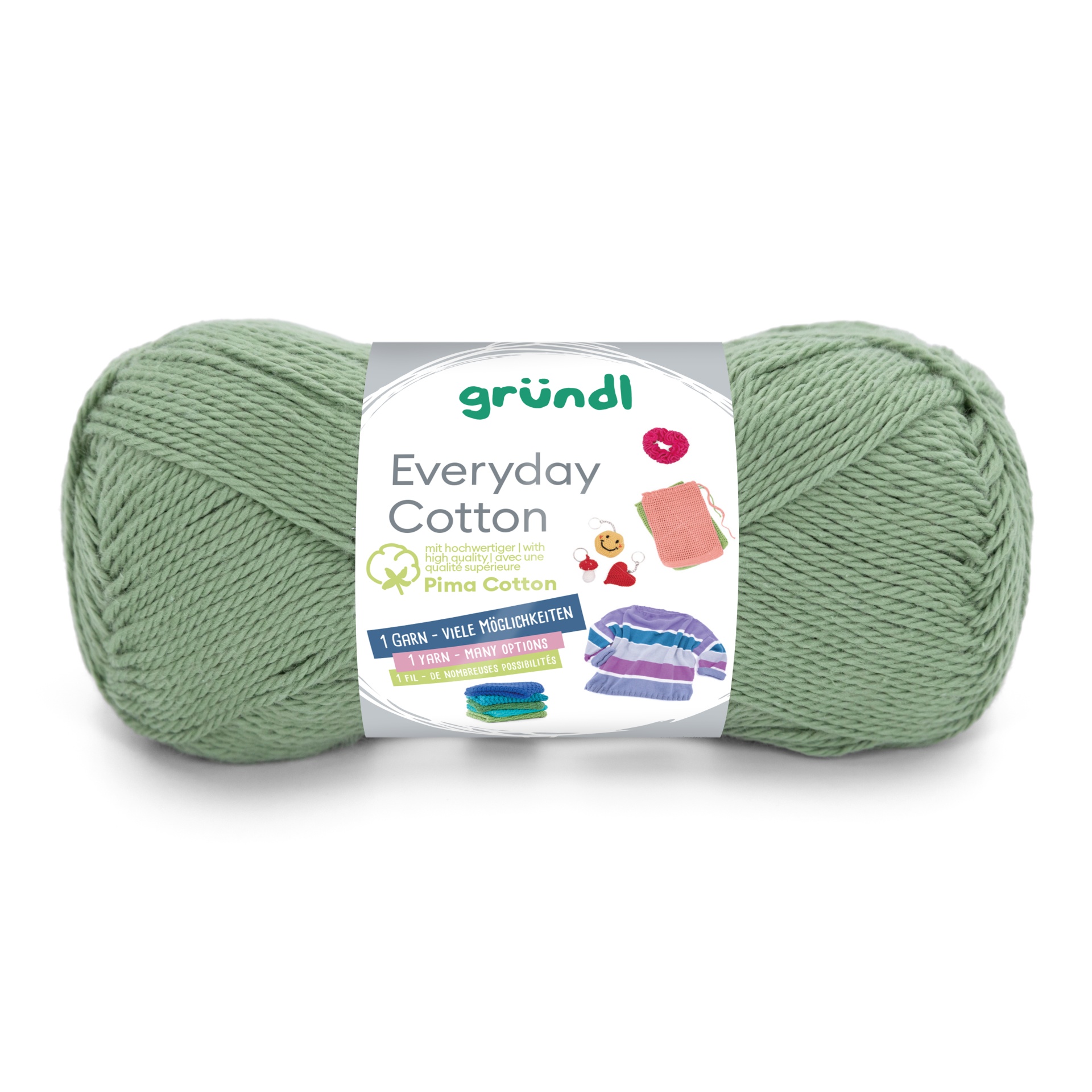 Novelo de fio verde de algodão com etiqueta branca da marca gründl