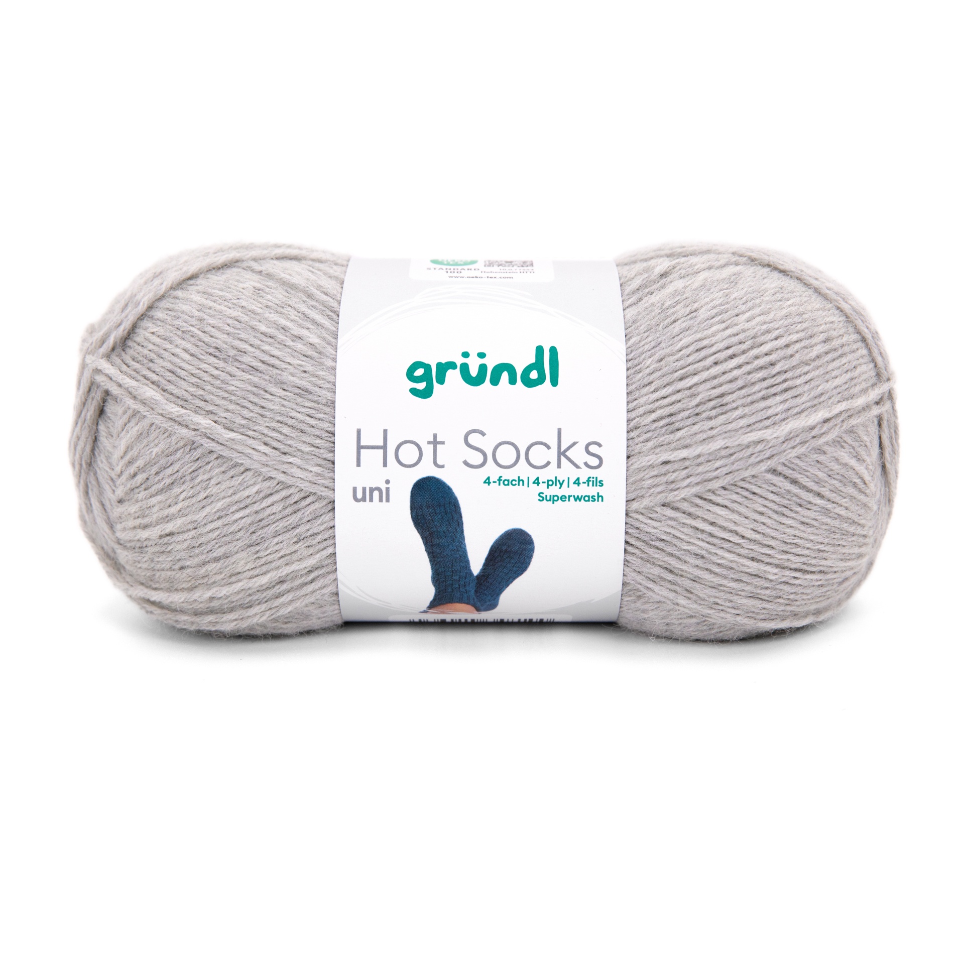 Novelo de linha para tricô cinzento claro com etiqueta branca da marca gründl Hot Socks