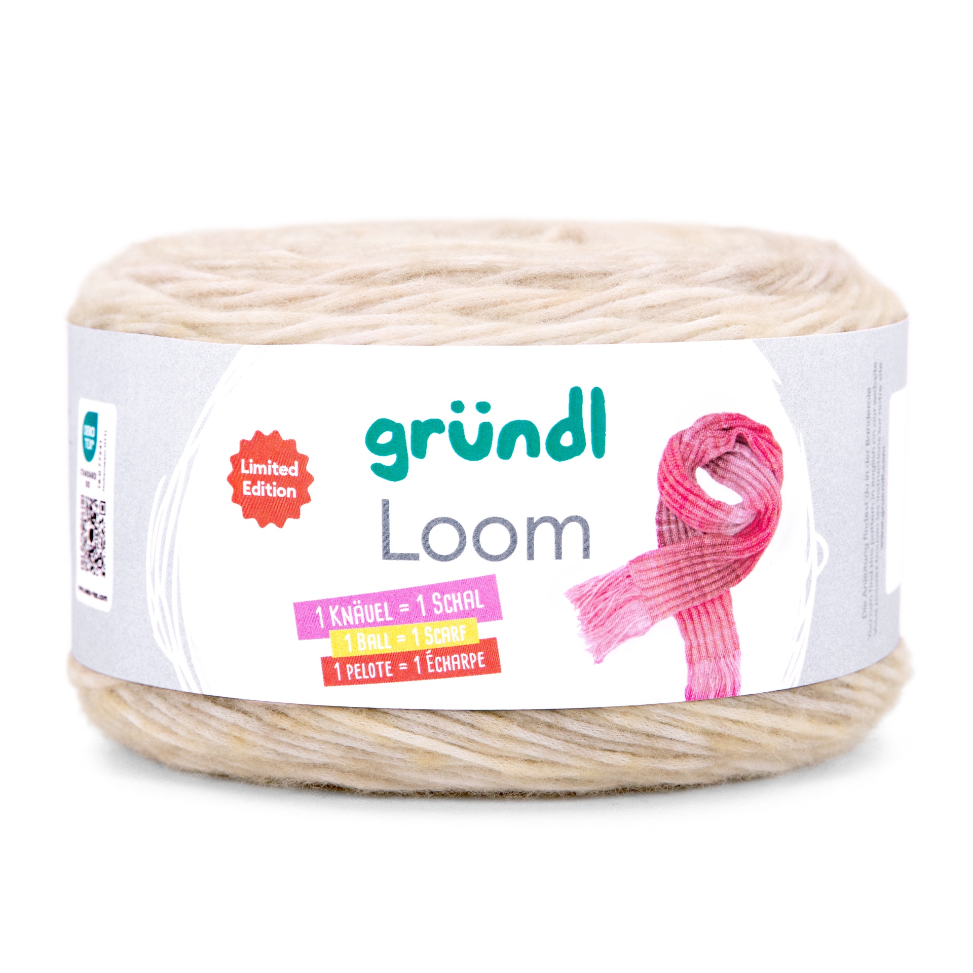 Novelo de lã bege claro Gründl Loom com etiqueta e imagem de cachecol