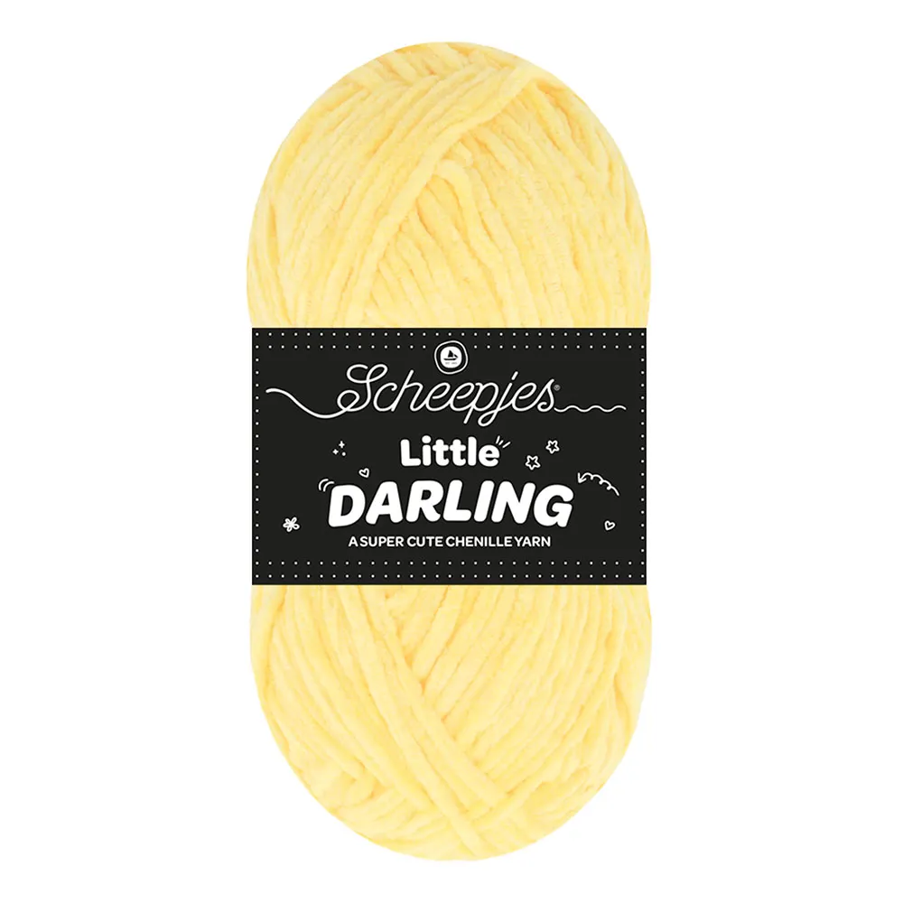 Novelo de fio chenille amarelo claro com rótulo preto